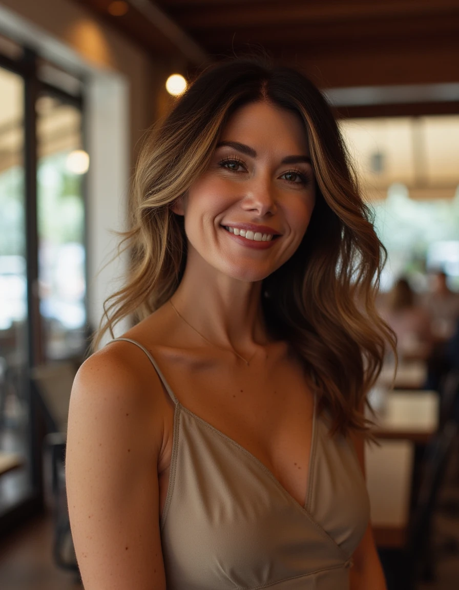 <lora:Jewel_Staite_-_2025_Flux:1> This is a beautiful photograph of a woman, hair cascading over her shoulder. She is wearing a dress. Standing in a cafe. Looking at the viewer. Smile