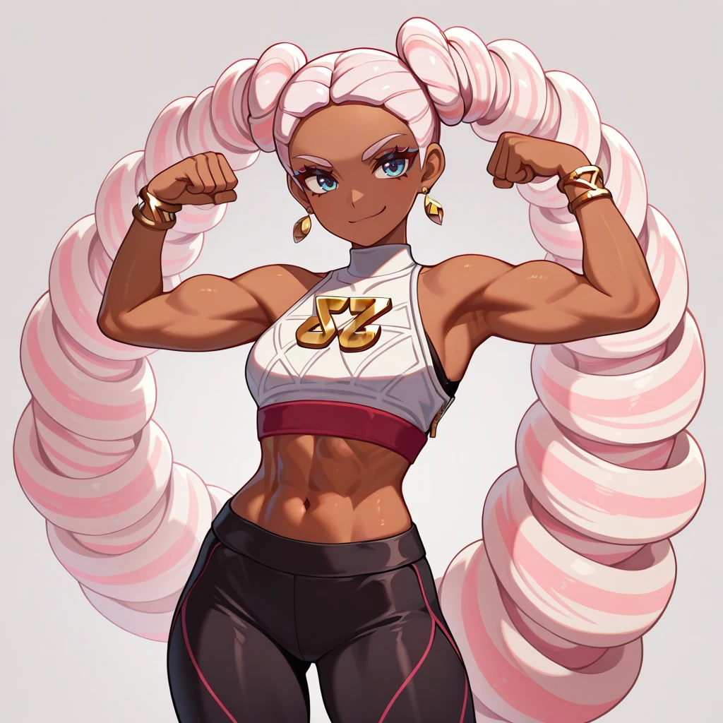 1girl, solo, cowboy shot, toned, flexing, smirk, <lora:Twintelle-IL:0.8> twintelle_arms, dark-skinned female, white pink hair, drill hair, twintails, jewelry, earrings, bare shoulders, sleeveless. white crop top, black tights, masterpiece, best quality, good quality, newest