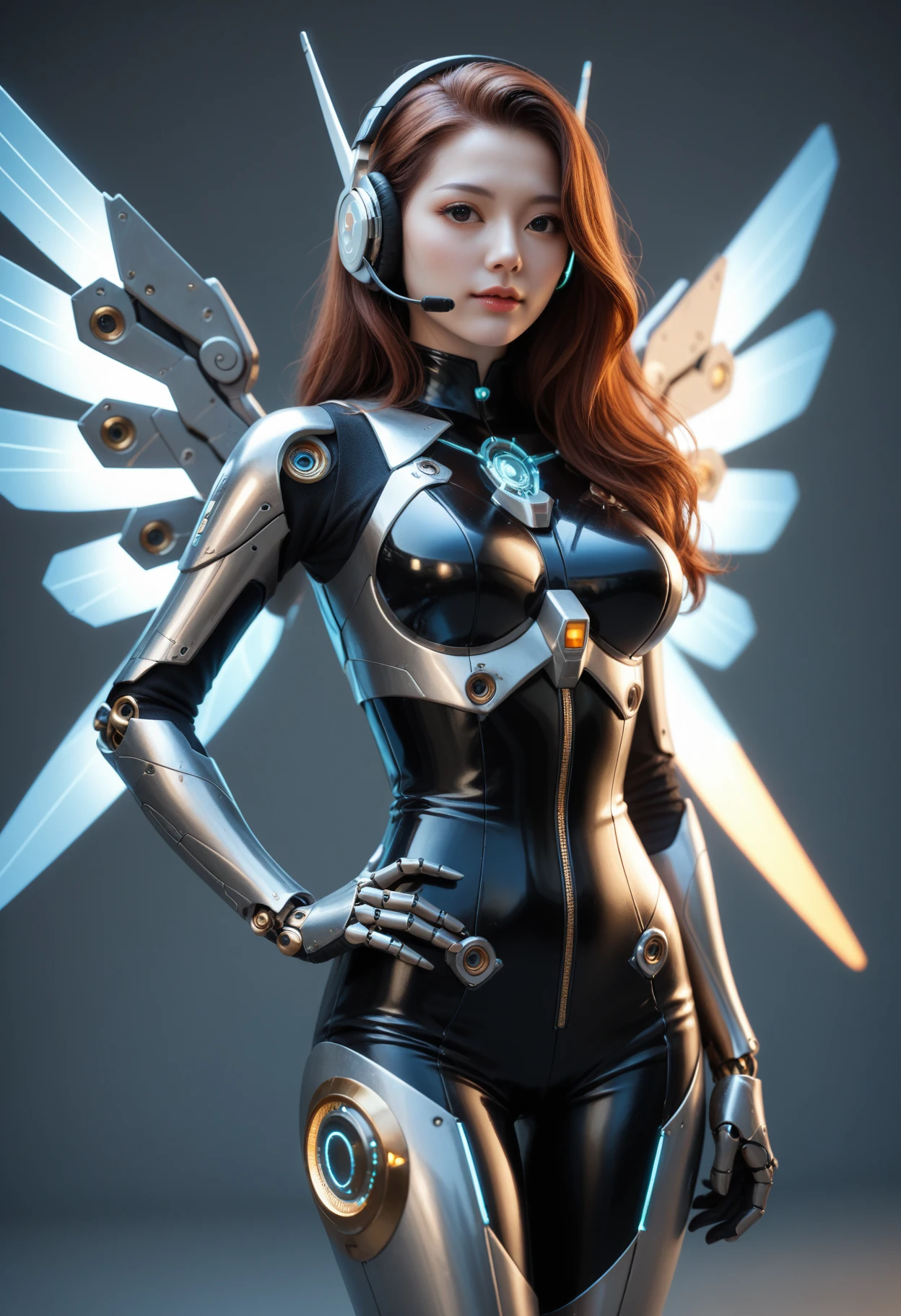score_9, score_8_up, score_7_up, score_6_up, rating_safe.
woman, (hand on hip:1.1), korean, headset, chrome, futuristic armor, glowing circuits, geometric, angluar shapes, latex joints, mecha wings, intricate pattern, gradient background, cinematic.
Detailed realistic photo, fine texture, incredibly lifelike