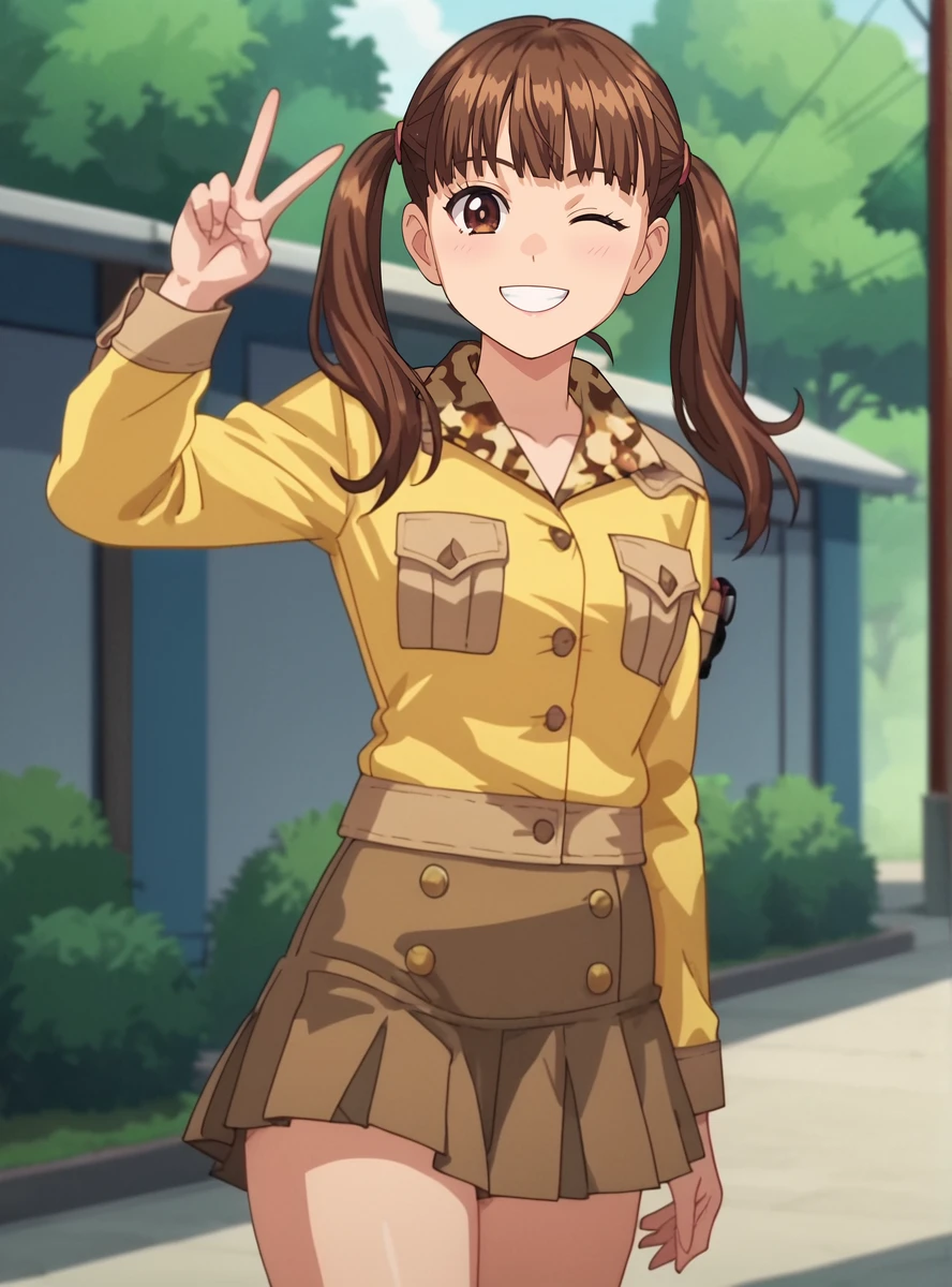 score_9, score_8_up, score_7_up, anime screencap, anime screencap, anime coloring, uncensored, <lora:natsukimamiya:0.8>natsukimamiya, 1girl, solo, twintails, skirt, brown hair, smile, looking at viewer, brown eyes, bangs, uniform, long sleeves skirt, thick thighs, v_sign wink