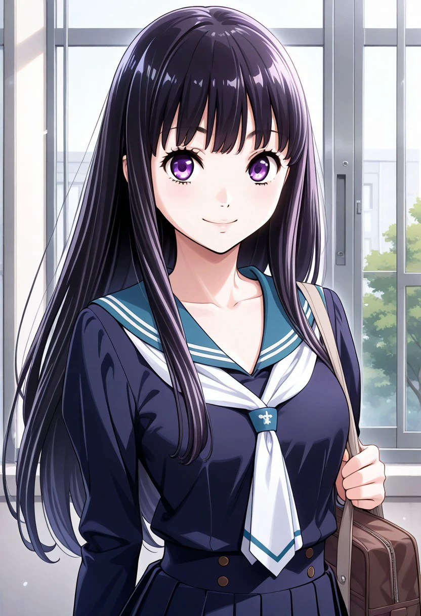 score_9, score_8_up, score_7_up, source_anime,(extremely detailed CG), (best quality),aoyagi,purple eyes,black hair,
1girl,school uniform, long hair, skirt, serafuku, bag, smile, looking at viewer, pleated skirt, bangs,from front,upper body,looking at viewer,looking at viewer,