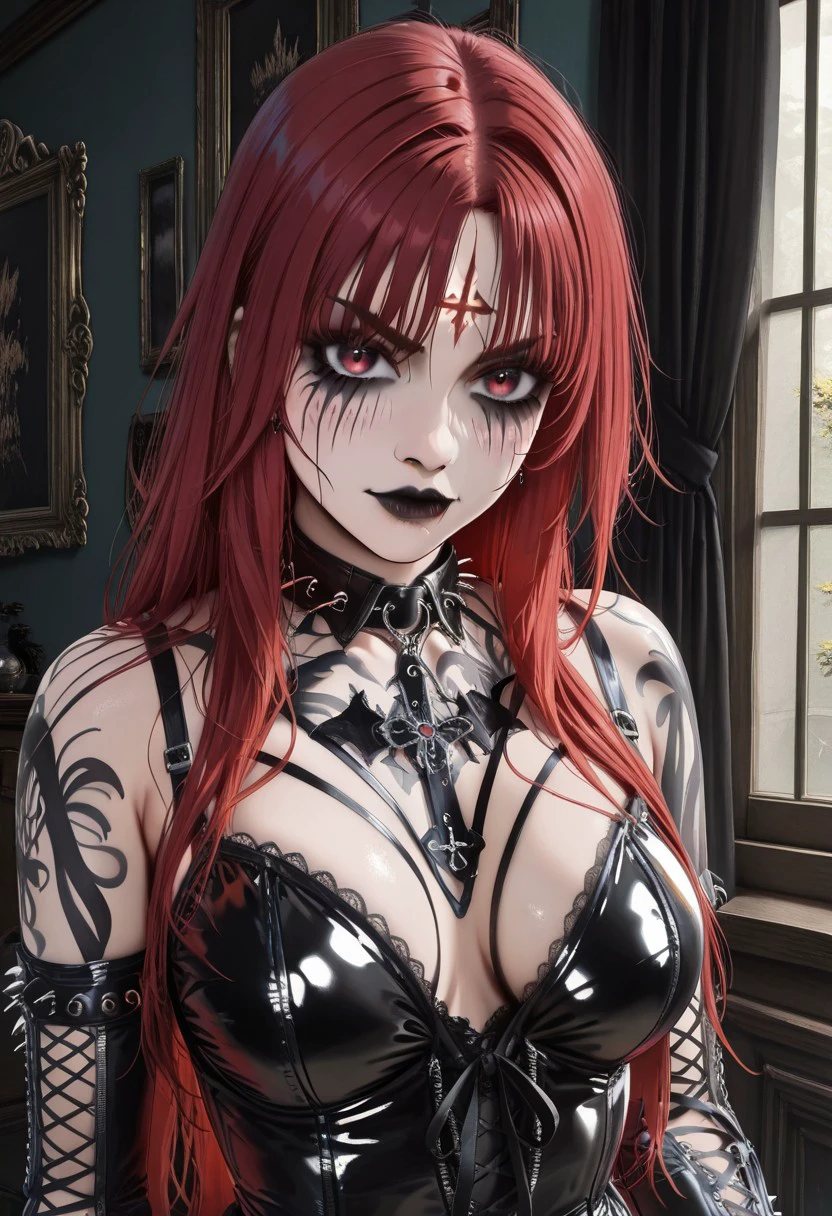 masterpiece, best quality, newest, absurdres, highres, anime, anime style, CorpsePaint-ILV1.0, 1girl, goth, gothic, red hair