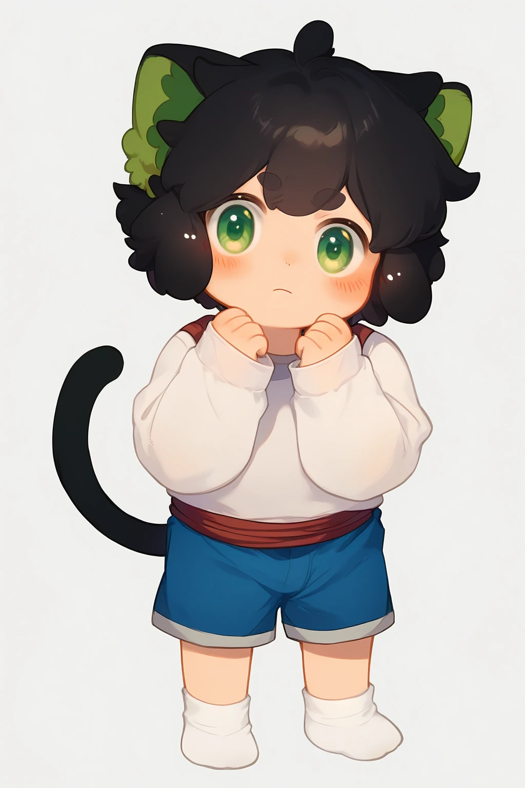 score_9, score_8_up, score_7_up, source_furry, luoxiaohei, 
cat boy, cat ears, solo, cat tail, green eyes, male focus, black hair, long sleeves, white socks, blue shorts, full body, close mouth, short hair, looking at viewer, white background, standing, blush, wind,
<lora:reg_luo_xiaohei_(human)-000021:1>