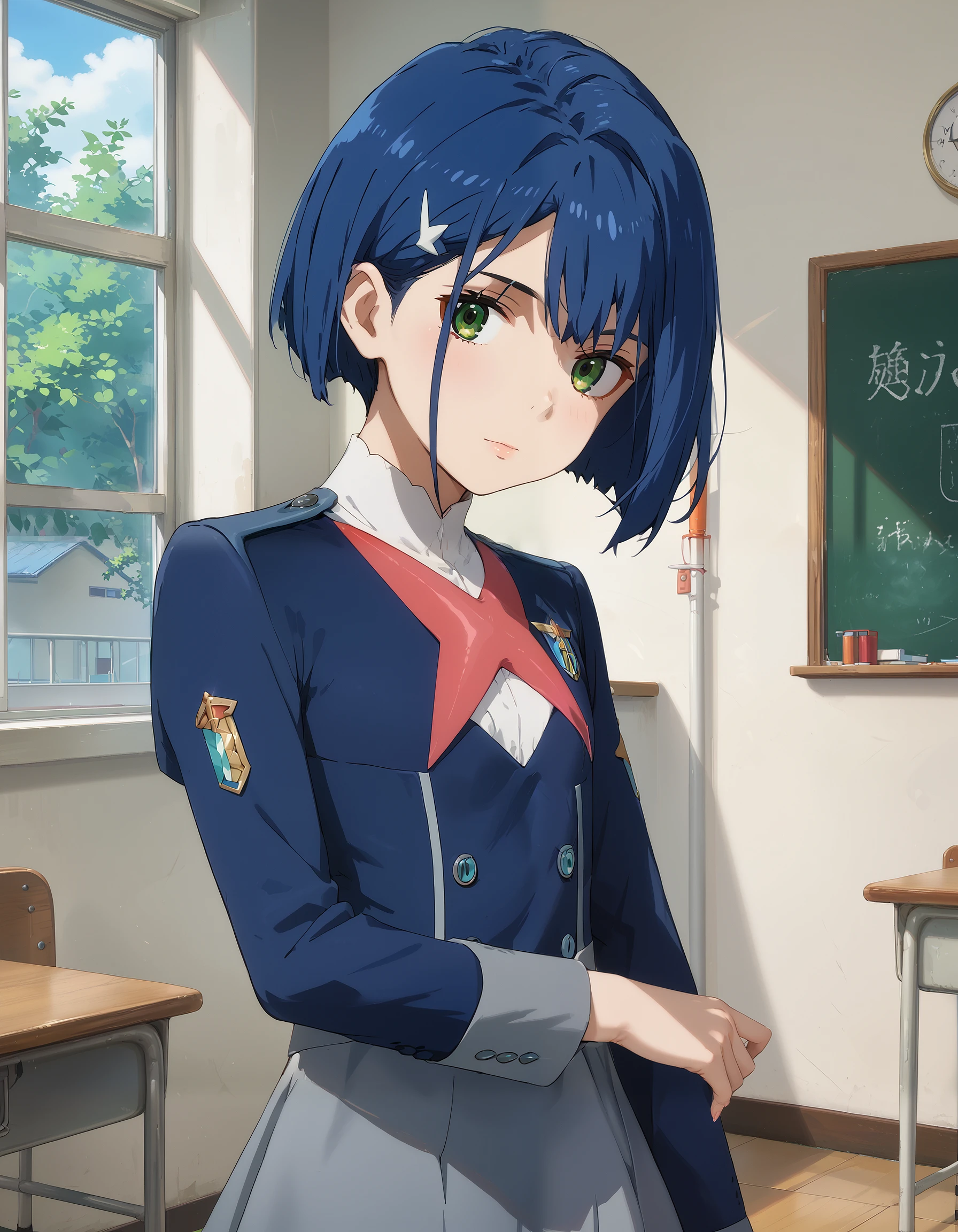 score_9, score_8_up, score_7_up, source_anime, masterpiece, best quality, perfect anatomy, very aesthetic, absurdres, 1girl, solo,
ichigo_franxx, blue hair, short hair, hairpin, green eyes,
military uniform, white blouse, two tone jacket, gray and blue jacket, gray skirt,
indoors, classroom, looking at viewer, cowboy shot,