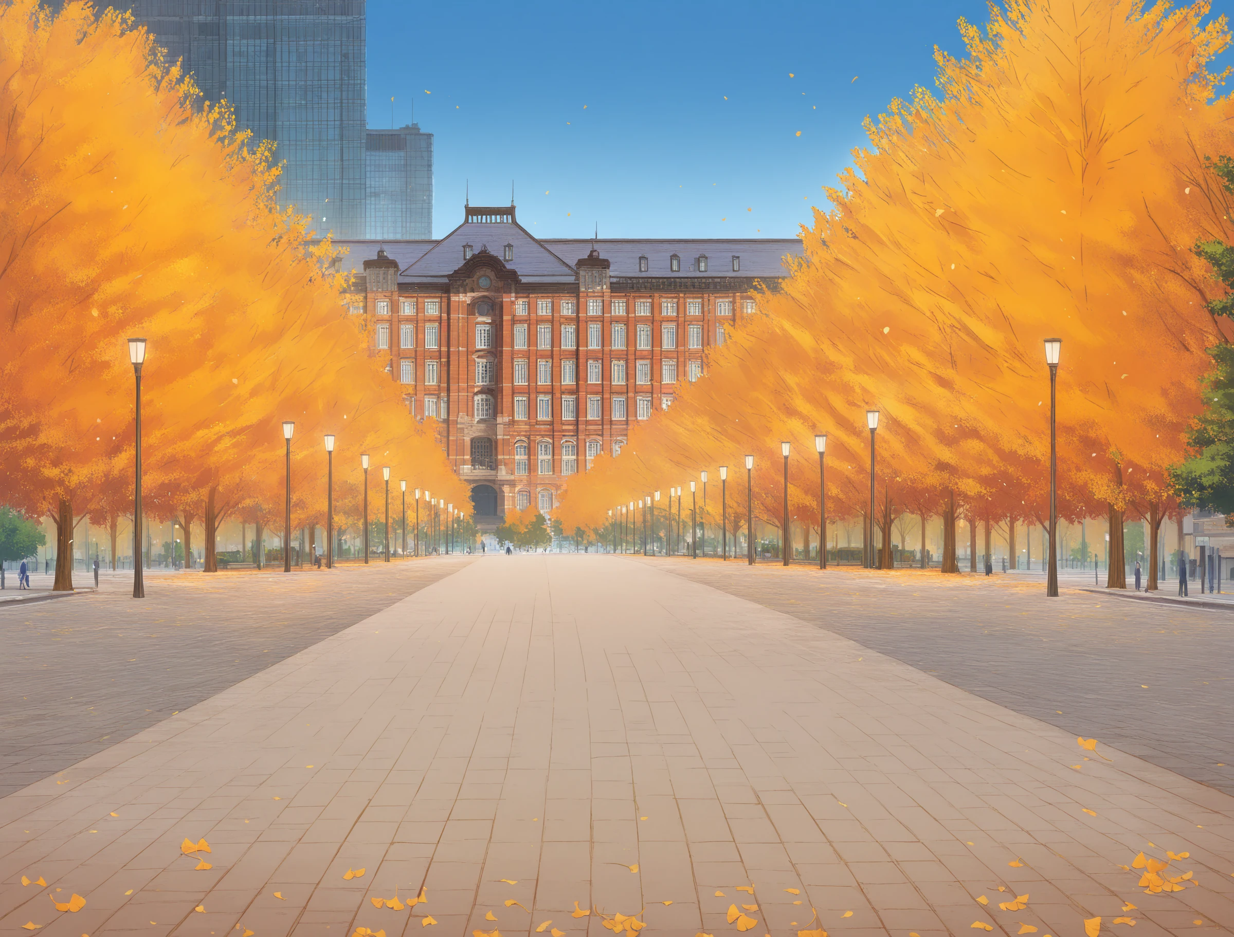 <lora:Gyokodori-IllustriousXLV01-V1:1>
(masterpiece, very aesthetic, absurdres, very awa:1.2), best quality, highres, newest, perfect lighting, anime coloring, anime screenshot BREAK
no humans BREAK
(gyokodori, tokyoeki:1.2), road, pavement, (lamppost:0.8), tree, (building, architecture, brick:0.8), day, blue sky, autumn, (ginkgo leaf, ginkgo tree:1.2), falling leaves, autumn leaves