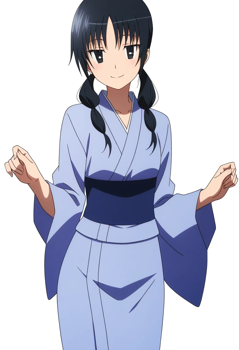 masterpiece, best quality, absurdres, detailed skin, detailed eyes, detailed face, anime colored, anime screencap, anime colored,
<lora:Uomi_Chihiro:1>, 1 girl, uomi, black eyes, smile, looking at viewer,
light blue kimono, cowboy shot,
((white background)),