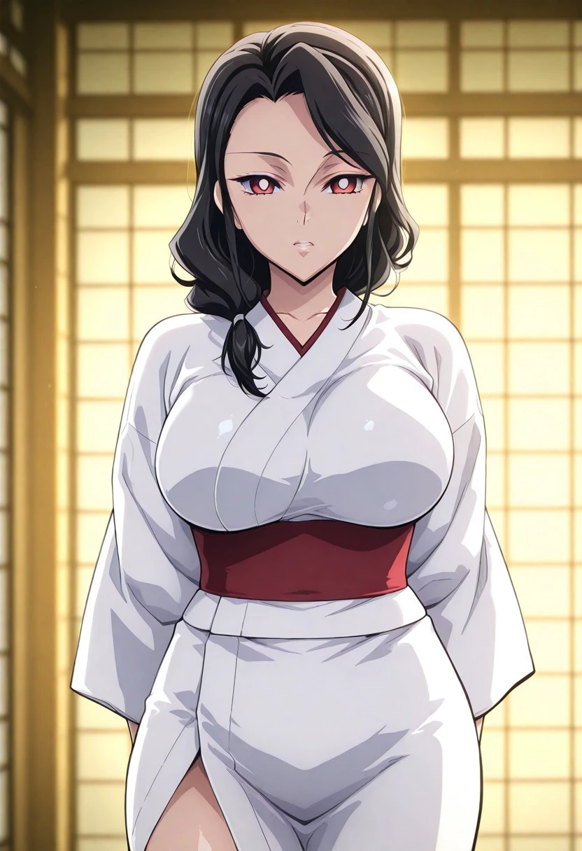very_aesthetic, best_quality ,high_resolusion, 8K,crisp quality, ultra detailed,perfect_eyes,
anime screencap, Erotic_style, EasyNegativeV2,
Ruka rengoku, black_hair, red eyes,large breasts, milf,
Japanese clothes, indoors, standing, looking at viewer, cowboy shot,