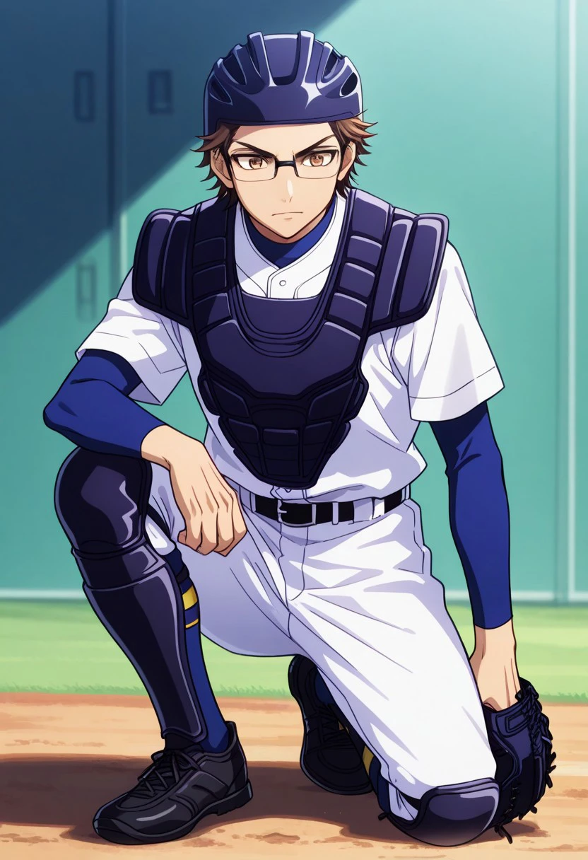 masterpiece, best quality,
miyukazu, 1boy, male focus, solo, brown eyes, glasses, brown hair, short hair, sportwear, baseball uniform, baseball jersey, catcher (baseball), helmet, shirt, blue shirt, white shirt, short over long sleeves, chest protector, belt, pants, white pants, shin guards, knee pads, black footwear, catcher's mask, baseball mitt, on one knee
outdoor