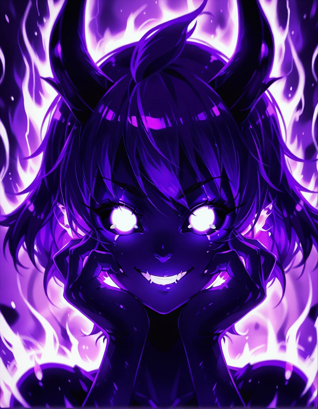 phnk, 1girl, solo, looking at viewer, hands on cheeks, smile, short hair, purple eyes, purple hair, horns, teeth, grin, glowing, colored skin, monster girl, portrait, glowing eyes, colored sclera, black sclera, aura, white eyes, purple theme