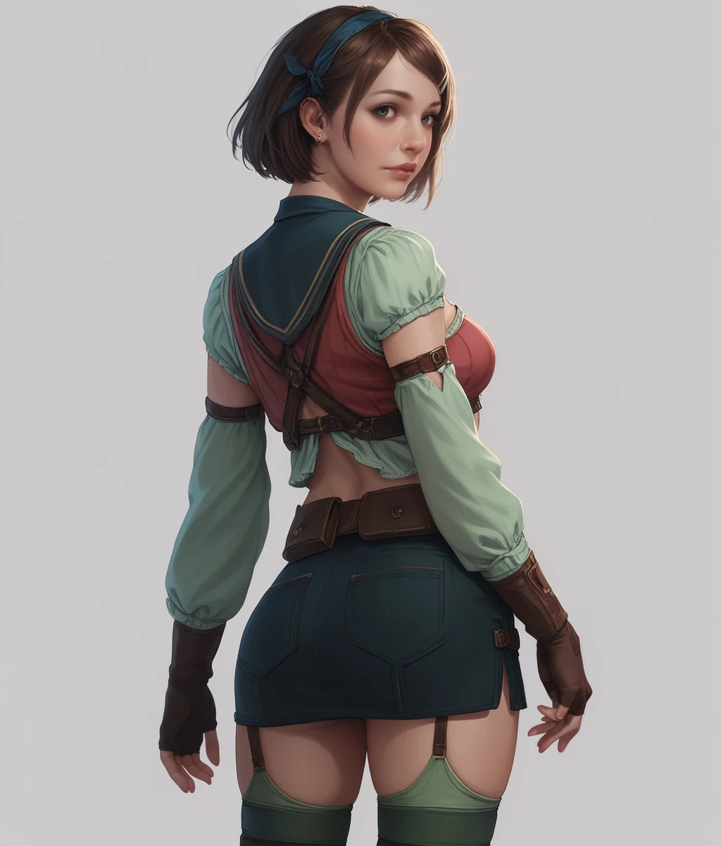 score_9, score_8_up, score_7_up, Stable_Yogis_PDXL_Positives, cowboy shot, solo, 1girl, standing, from behind, looking back, <lora:Nina_Deforges_PXL:1> nina_deforges, fingerless gloves, green stockings, stocking straps, simple background