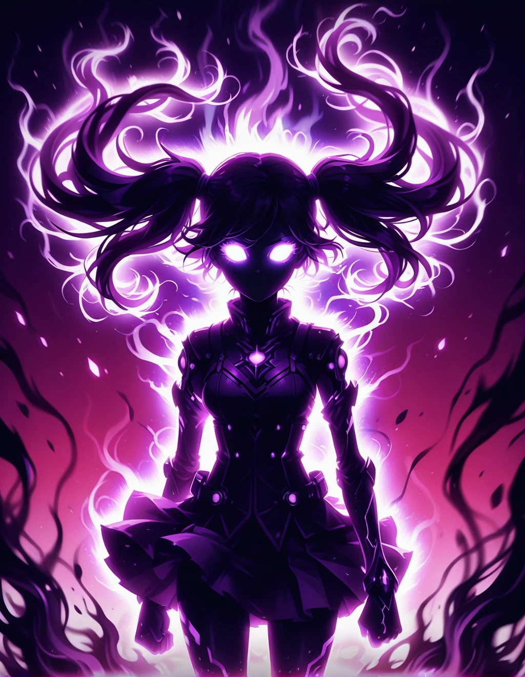 phnk, 1girl, solo, long twintails, silhouette, glowing eyes, blank eyes, multicolored aura, floating hair, aggresive, watching at viewer
