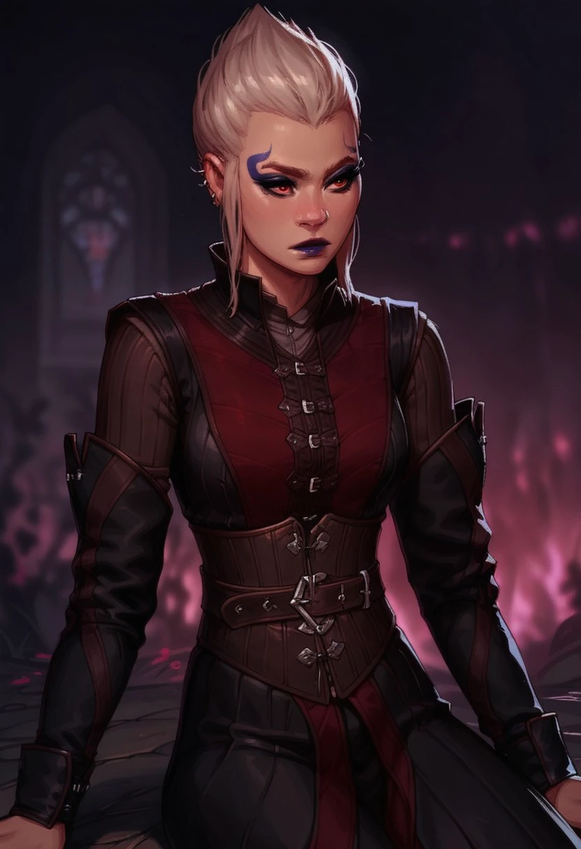 score_9, score_8_up,score_7_up, score_6_up, score_5_up, score_4_up,
BREAK, 1girl, bg3fem_warlock, pale skin, blue makeup, blue lipstick, red eyes, white hair, pointed hair,
BREAK, dark padded armor, reclining, marble gothic bench, marble gothic architecture, vibrant garden setting, fruit trees, bright daylight, diffused light, soft shadows, ground level shot,
BREAK, aesthetic, wallpaper, high quality, concept art, realistic, dark theme, low light, full body shot,