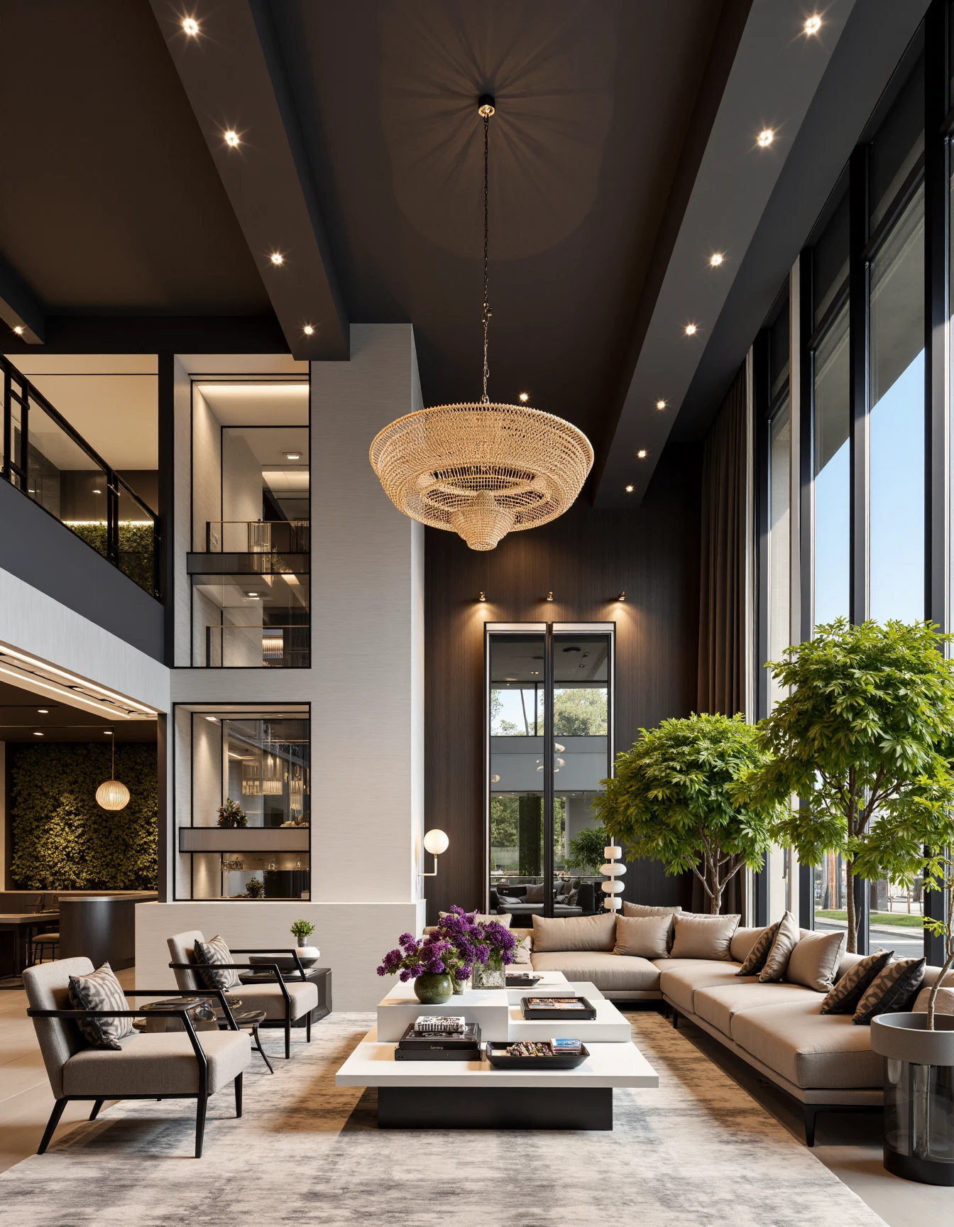 <lora:JJsHotel_Flux_r1:1> ,(hotel), indoors, window, chair, sofa, no humans, counter,rug ,flower, plants, ceiling light, reflecton, curatin, sky, tree,, architecture photography, striking structures, clean lines, geometric shapes, dramatic angles, play of light and shadow, capturing architectural details, showcasing design elements, evoking mood, professional lighting, precise compositions, emphasizing scale and proportion, creating depth, architectural storytelling, capturing iconic landmarks, immersive experience