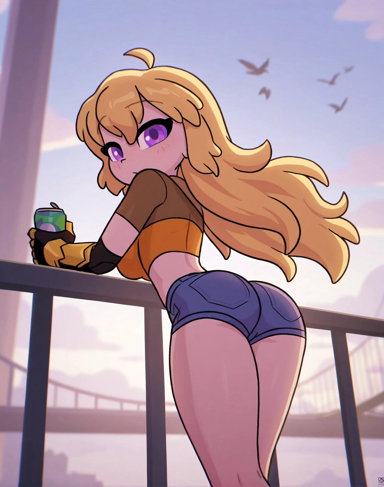 <lora:_chalkeaters_NAIXL-000015:1> art by chalkeaters, best quality, masterpiece, uncensored, amazing quality, very aesthetic, 2024,yang xiao long, 1girl, solo, long hair, breasts, looking at viewer, shirt, large breasts, blonde hair, holding, purple eyes, ass, thighs, outdoors, sky, shorts, day, midriff, looking back, cloud, from behind, blurry, blue sky, crop top, blurry background, floating hair, bird, denim, blue shorts, yellow shirt, denim shorts, can, railing, aircraft, cropped shirt, orange shirt, drink can, bridge, holding can, prosthesis, elbow pads, prosthetic arm, against railing