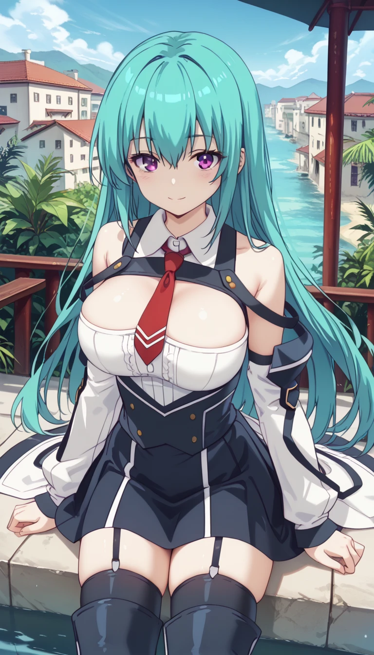 Anime girl with blue hair sitting on a ledge near a pool - SeaArt AI