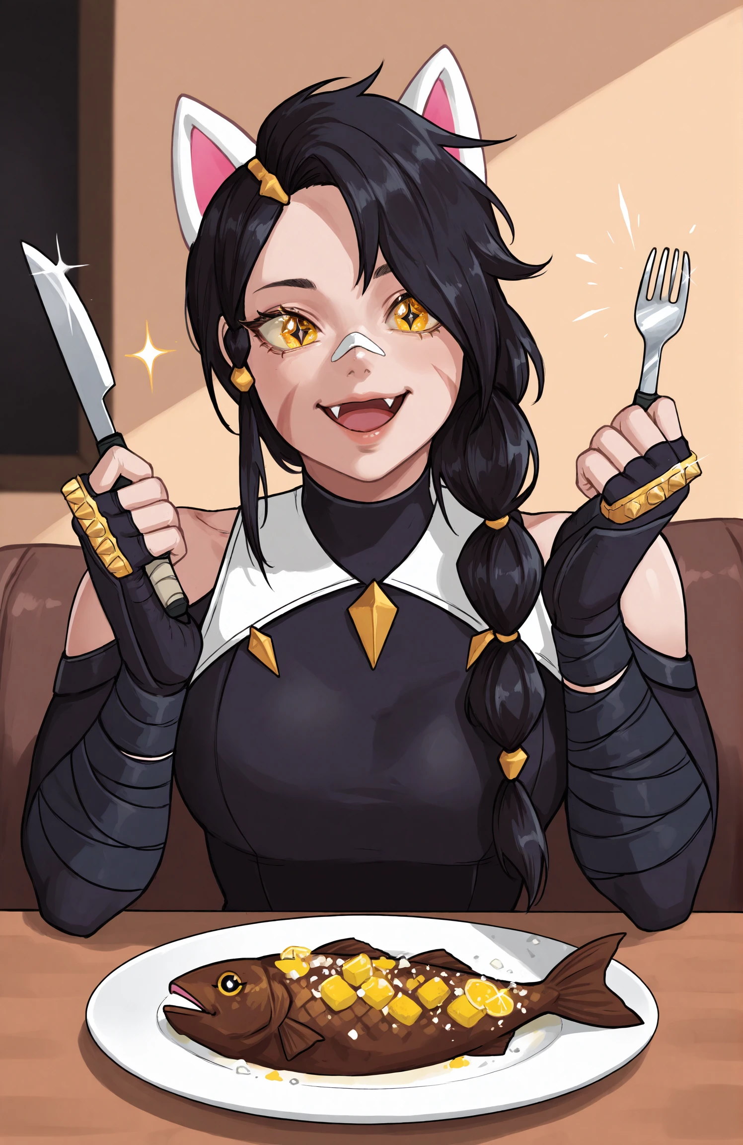 masterpiece, high quality, best quality, newest, realistic, nose, lips, 1girl, solo, erisafn, slit pupils, yellow eyes, scar on face, long hair, bandaid on nose, single braid, black hair, white animal ears, fingerless gloves, brass knuckles, black bandages, black bodysuit, bare shoulders, holding fork, holding knife, :D, sparkling eyes, fish \(food\), lemon, salt, salt \(seasoning\), pepper \(spice\), looking at object, plate, hands up, table, fang, happy, star in eye, living room, light, bloom <lora:ErisaFNIlluV1-000006:1>