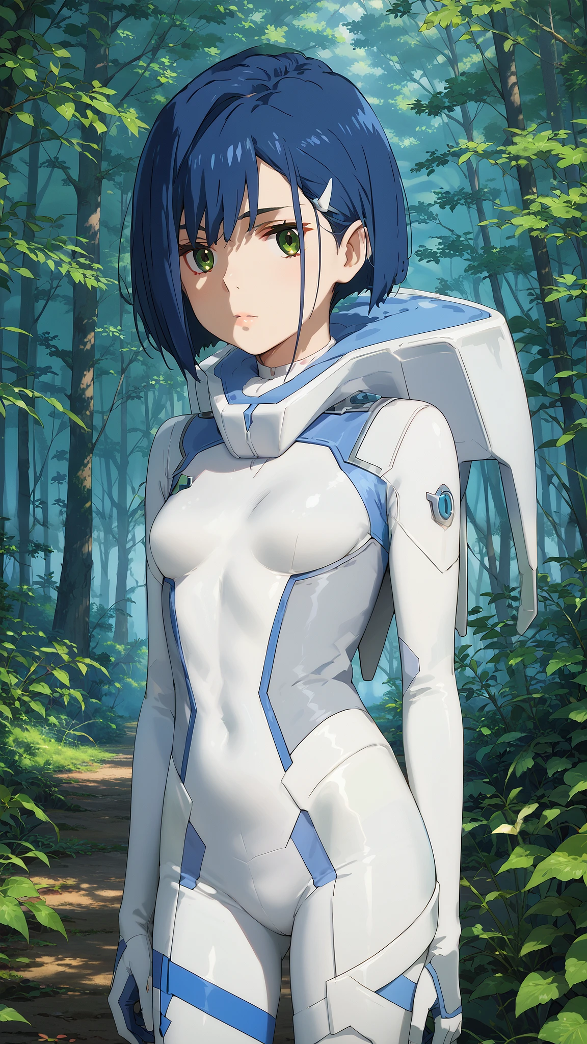 score_9, score_8_up, score_7_up, source_anime, masterpiece, best quality, perfect anatomy, very aesthetic, absurdres, 1girl, solo,
ichigo_franxx, blue hair, short hair, hairpin, green eyes,
bodysuit, white bodysuit,
outdoors, forest, looking at viewer, cowboy shot,