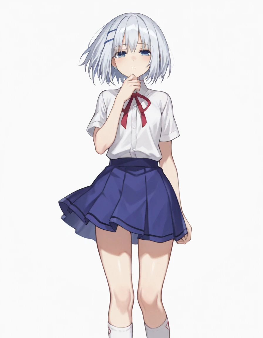 (masterpiece), (best quality), (ultra-detailed), SchoolOrigami, tobiichi origami, 1girl, short hair, blue eyes, school uniform, socks, ori_hairclip, rzn skirt, (((detailed face))), white background, hand up, detailed fingers, looking at viewer, illustration, disheveled hair, detailed eyes, perfect composition, moist skin, intricate details, earrings