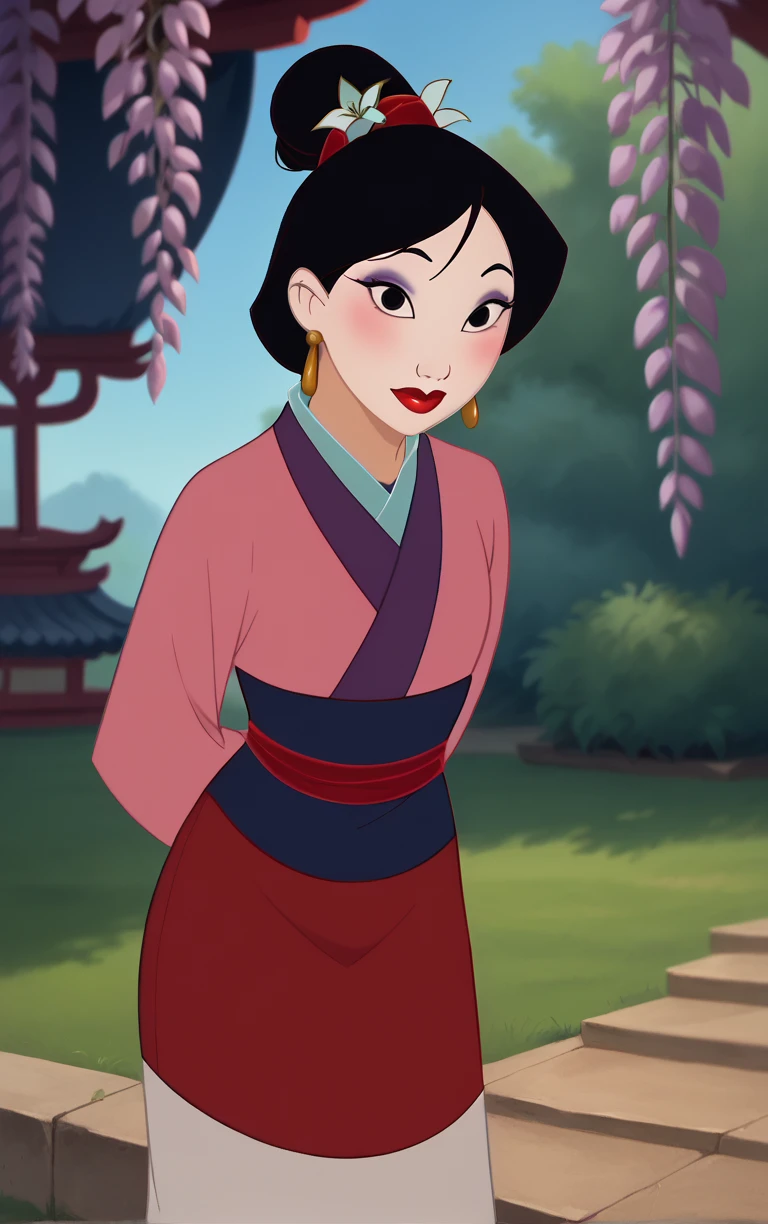 score_9, score_8_up, score_7_up, looking at viewer, BREAK
FaceMaskPinkDress_Fa_Mulan_ownwaifu,
1girl, facepaint, makeup, black hair, lipstick, single hair bun, earrings, jewelry, black eyes, red lips, hair ornament, hair flower, eyeshadow, wide-eyed,
japanese clothes, kimono, sash, hanfu, long sleeves, pink kimono, sleeves past wrists, sleeves past fingers,
(leaning forward, arms behind back), cowboy shot, garden, wisteria, outdoors, <lora:PONYXL_Fa_Mulan_Movie_ownwaifu:0.85> , depth of field, solo,