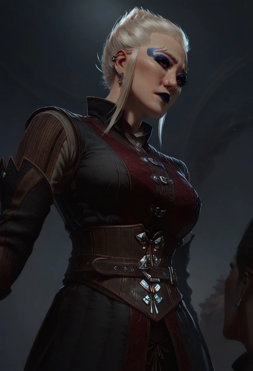 score_9, score_8_up, score_7_up,
BREAK, 1girl, bg3fem_warlock, pale skin, blue makeup, blue lipstick, red eyes, white hair, pointed hair,
BREAK, dark padded armor, upper body, from below, looking down, indoors,
BREAK, aesthetic, wallpaper, high quality, gwentstyle, Expressiveh, concept art, realistic, dark theme, low light,