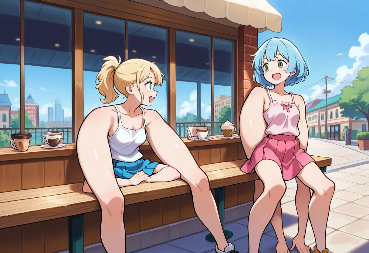 crotchatms:2, shoulderlegs:2 ,2girls, masterpiece, best quality,  blue hair, blonde ponytail hair, green eyes,  short hair, street, white tanktop, blue skirt,pink one-piece skirt, cafe, terrace, blue sky, talking