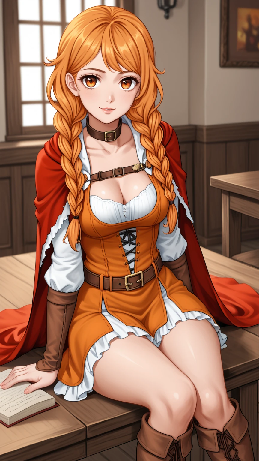 masterpiece, best quality, 1female, beautiful, face portrait, deep makeup, medieval peasant, ginger, brown eyes, MILF, laurenphillips, braids, perfect fringe