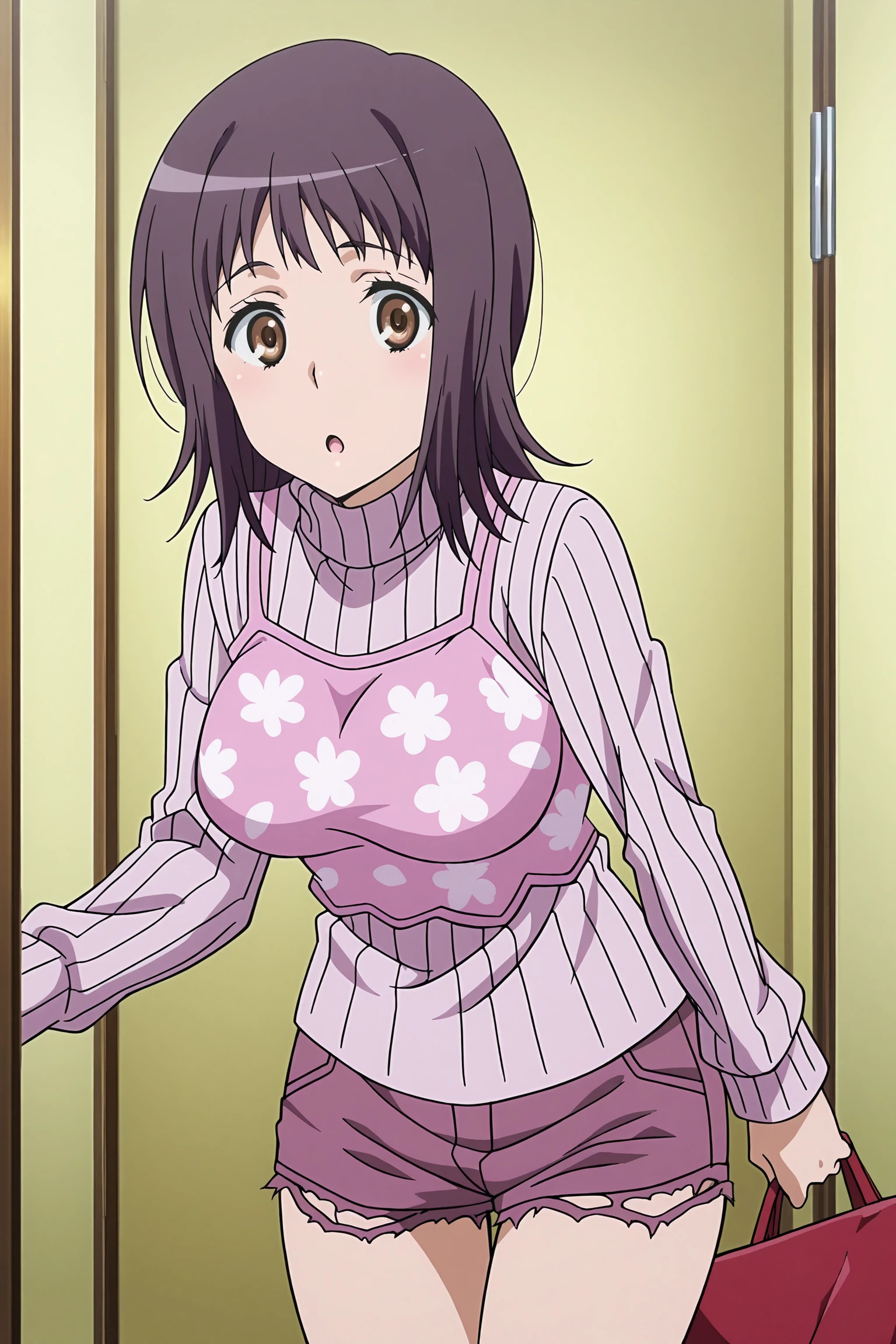 anime coloring, anime screencap, masterpiece, detailed face,
<lora:Itsuwa_A_Certain_Magical_Index:.7>
in a room,
mature woman, 1girl, brown eyes, shorts, sweater, torn clothes, bag, brown hair, solo, indoors, short shorts, turtleneck, purple hair, print tanktop over sweater, short hair, Itsuwa ribbed sweater with tanktop (outfit), (looking at the viewer,mouth open, :O)