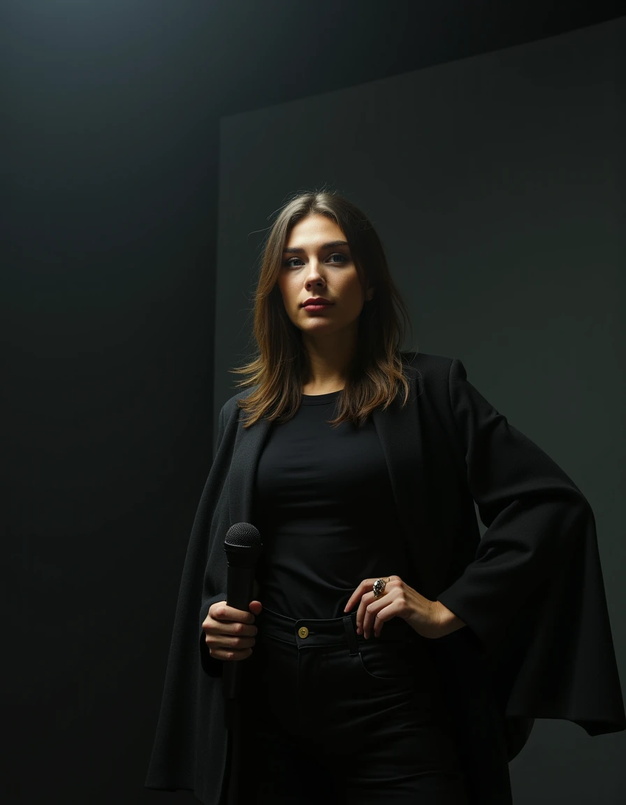 professional photography, modest, beatiful, masterpiece, super detailed, breath taking, best quality, portrait shot.
large 1girl,(photography, realistic:1.4, detailed skin), fashion photography, dark foggy background, journalist's style, journalist's clothes, A graceful female journalist. wide hips, microphone in hand, standing posture with outstretched hand with a microphone , aiming, brown hair, hip holster, perfect fingers. Depth of field, masterpiece. full body. An otherworldly atmosphere, Mysticism. (depth of field).
masterpiece, best quality, medium-format camera, high-contrast, dramatic lighting, striking composition,
The overall composition feels cinematic..
An otherworldly atmosphere. Epic.
Anna