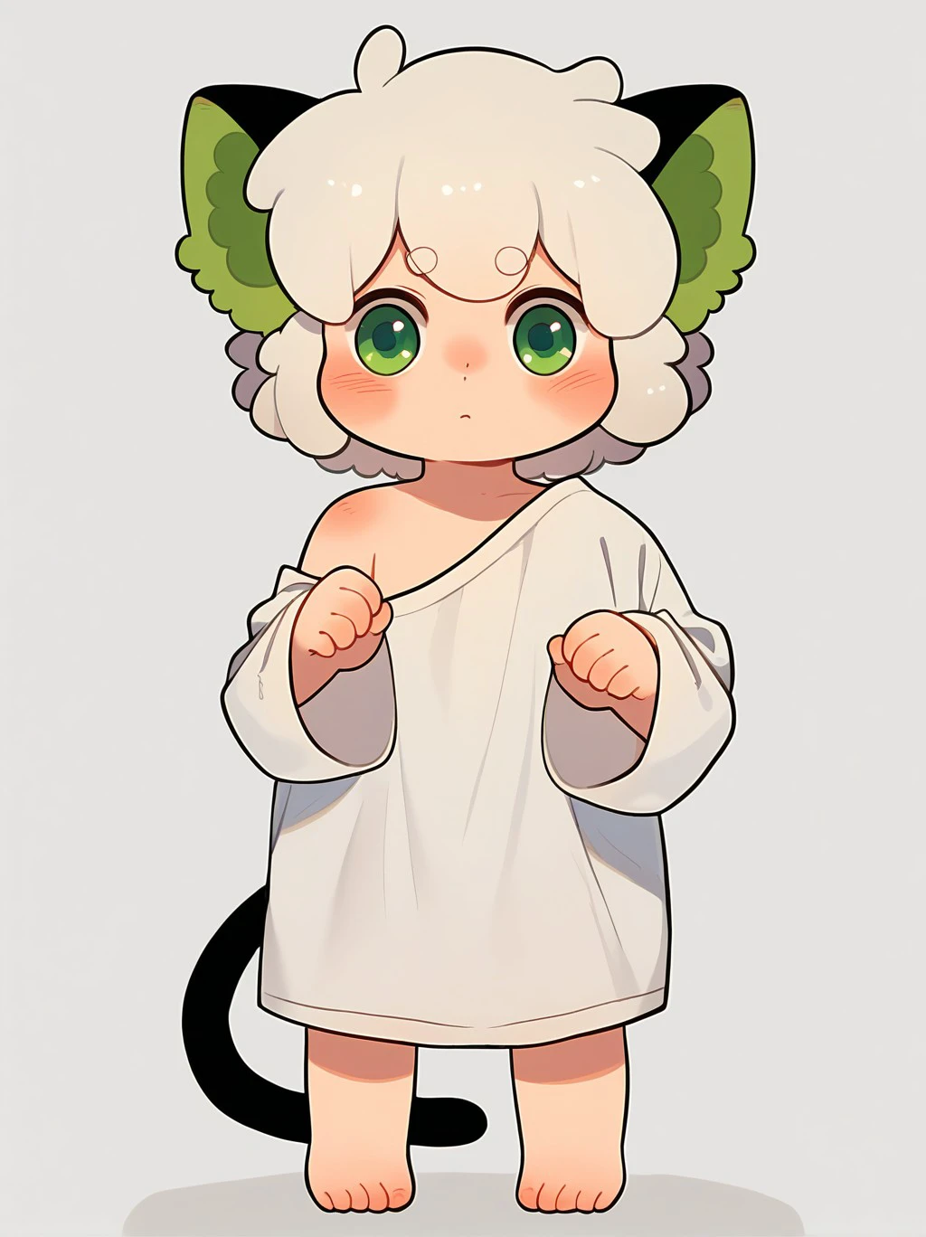 score_9, score_8_up, score_7_up, source_furry, luoxiaohei, child,
cat boy, solo, cat tail, cat ears, white hair, green eyes, male focus, simple background, white shirt, full body, white background, barefoot, short hair, long sleeves, blush, looking at viewer, standing, off shoulder, hands up, black tail, oversized clothes, single bare shoulder,
<lora:reg_luo_xiaohei_(human)-000021:1>