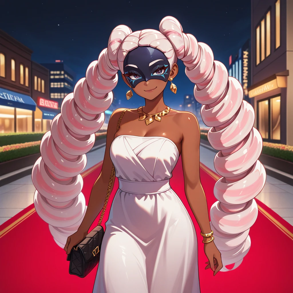 1girl, solo, night time, red carpet, celebrity, outdoors, night sky, urban, smirk, <lora:Twintelle-IL:0.8> twintelle_arms, dark-skinned female, white pink hair, drill hair, twintails, jewelry, earrings, strapless dress, purse, mask, masterpiece, best quality, good quality, newest