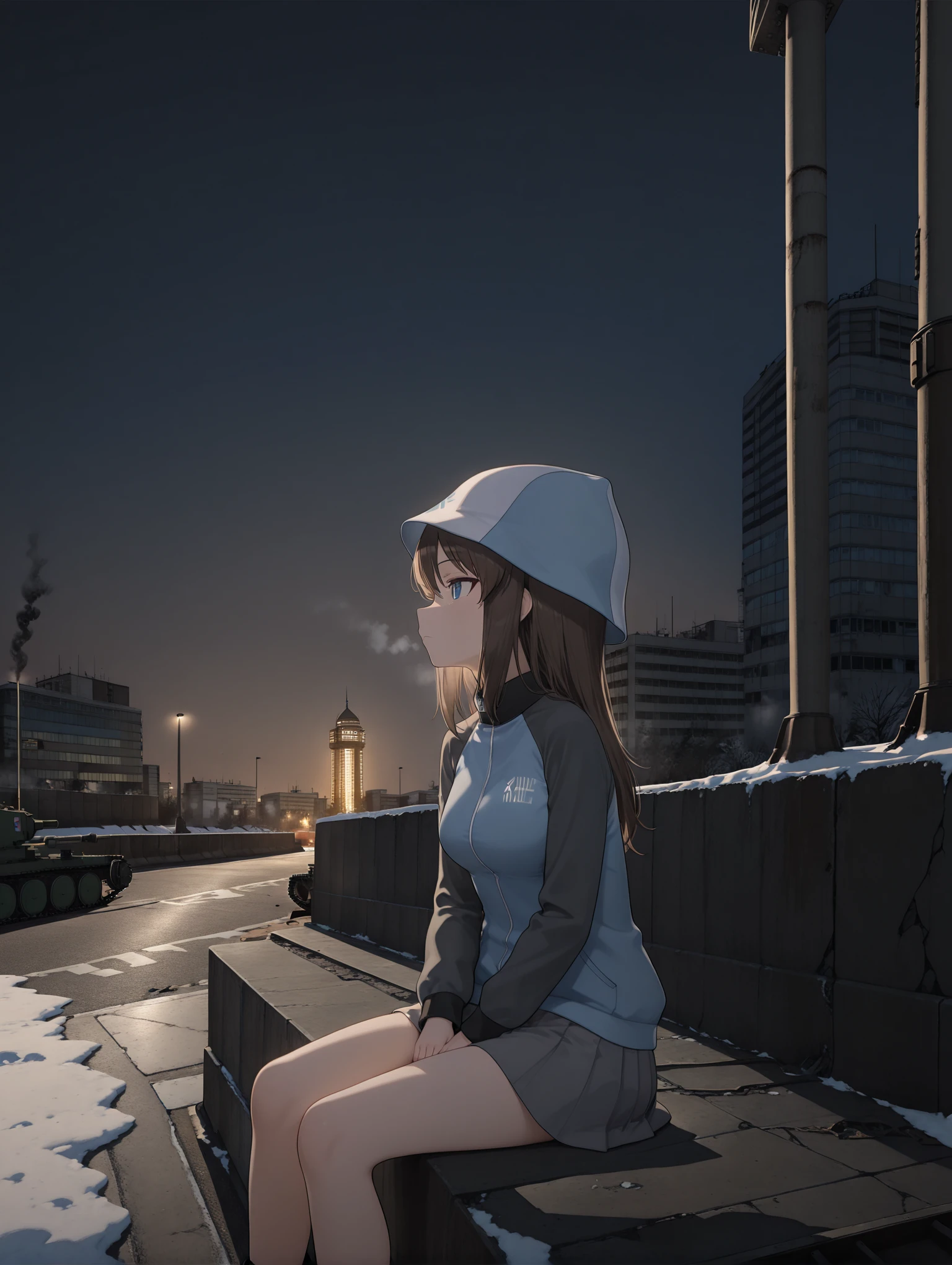 masterpiece,best quality,amazing quality,
1girl,solo,
<lora:mika_ilxl_v1>,mika,m_hat,m_pg,keizoku military uniform,raglan sleeves,zipper,long_sleeves,grey skirt,ankle boots,
<lora:H_S_area_ilxl_v1:1>,Service_area00,tank,rubble_ruins,black smoke,(sitting_on_tank:1.2),skyscrapers,road,building,motor vehicle,street,traffic light,lamppost,looking ahead,profile,expressionless,night,snow,ice,portrait,looking_up,tower,looking ahead,panorama,, masterpiece,best quality, very aesthetic, absurdres, ultra detailed, high resolution, 4k, extremely detailed CG,