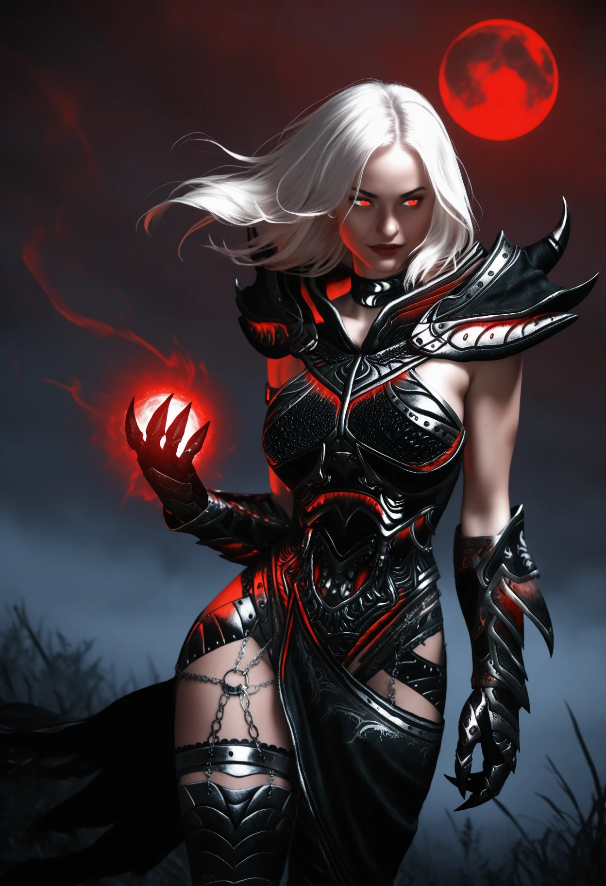 ((masterpiece, best quality, absurdres)),
1girl, solo, white hair:medium hair:floating hair, red eyes:glowing eyes,
medieval, dark, fog, red moon, wind,
simple background, depth of field,
smirk,
dynamic pose, casting spell:aura:magic:fire,
<lora:Dark_DaedricReaper_Illust_v1:0.9> d4rkr34p3r, armor:pauldrons, choker, gauntlets, chain:thighhighs, half-skirt,