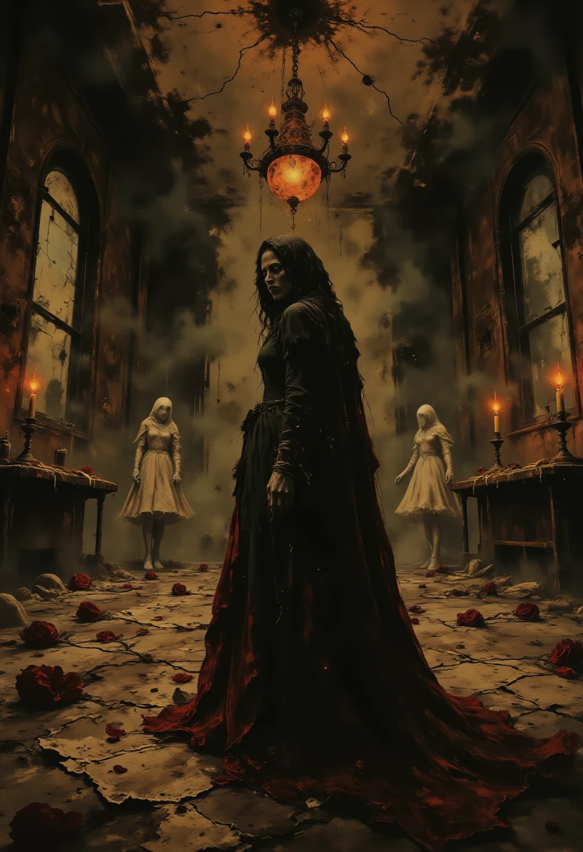A pale, ghostly woman dressed in a tattered black gown, her face obscured by a blood-stained lace veil. She stands in a decaying ballroom, its once-grand chandelier now cracked and hanging by a single chain. The floor is littered with shattered glass and rotting petals, while faint, ghostly figures waltz in the background. Moonlight streams through broken windows, casting eerie shadows across the walls.