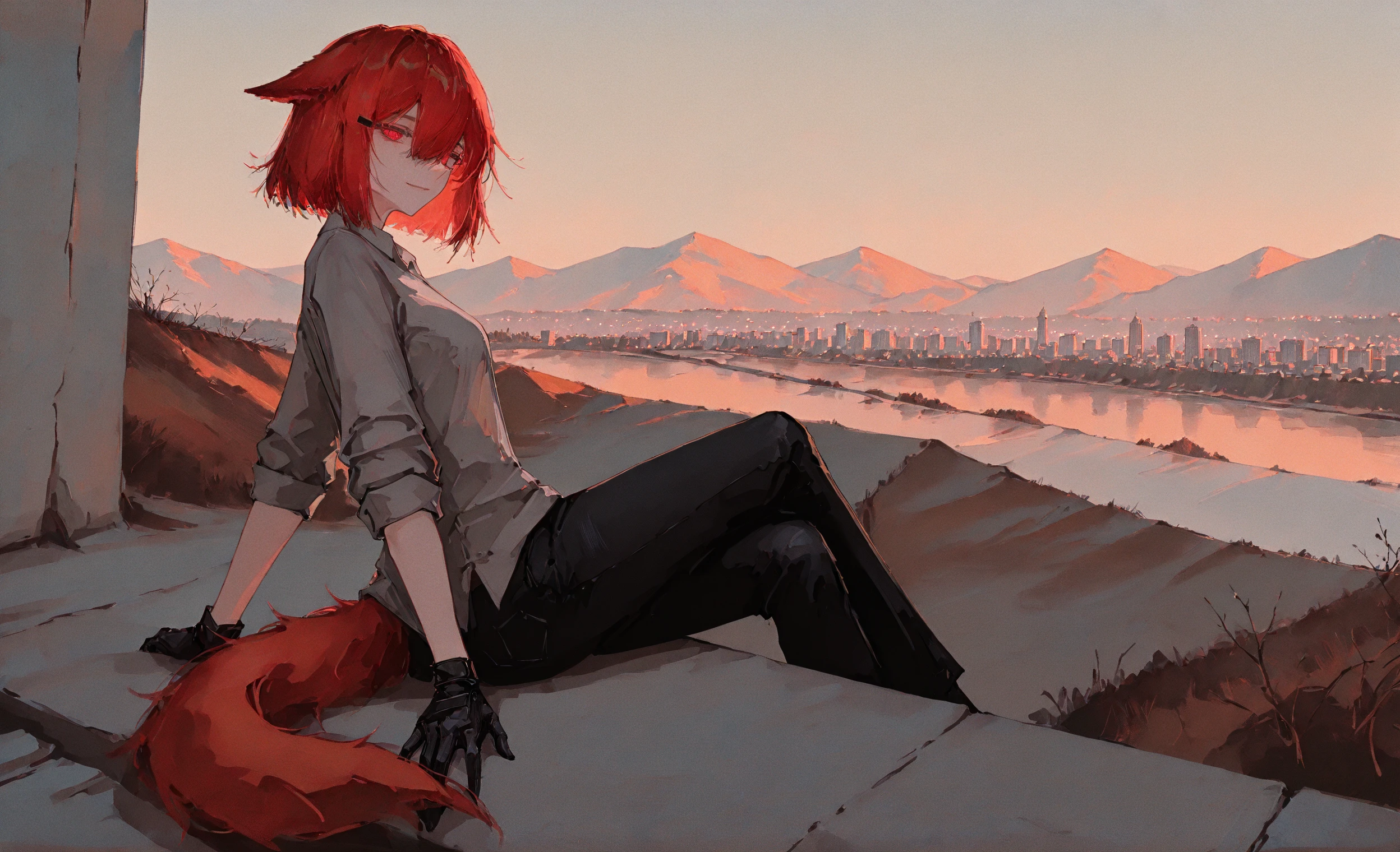 masterpiece, best quality, amazing quality, very aesthetic, absurdres, newest, 96yottea,
1girl, solo, Crownslayer, animal ears, tail, red hair, short hair, hairclip, red eyes, bangs, hair between eyes, looking at viewer,
grey shirt, black jeans, black gloves, (untucked shirt:1.3),
sunset, view of the city from the hill, view from the hill, eastern european city, eastern european architecture, sitting, trees, river bed, mountains in the background, leaned back, sideview, crossed legs, bottle of water, soft smile, observation platform,