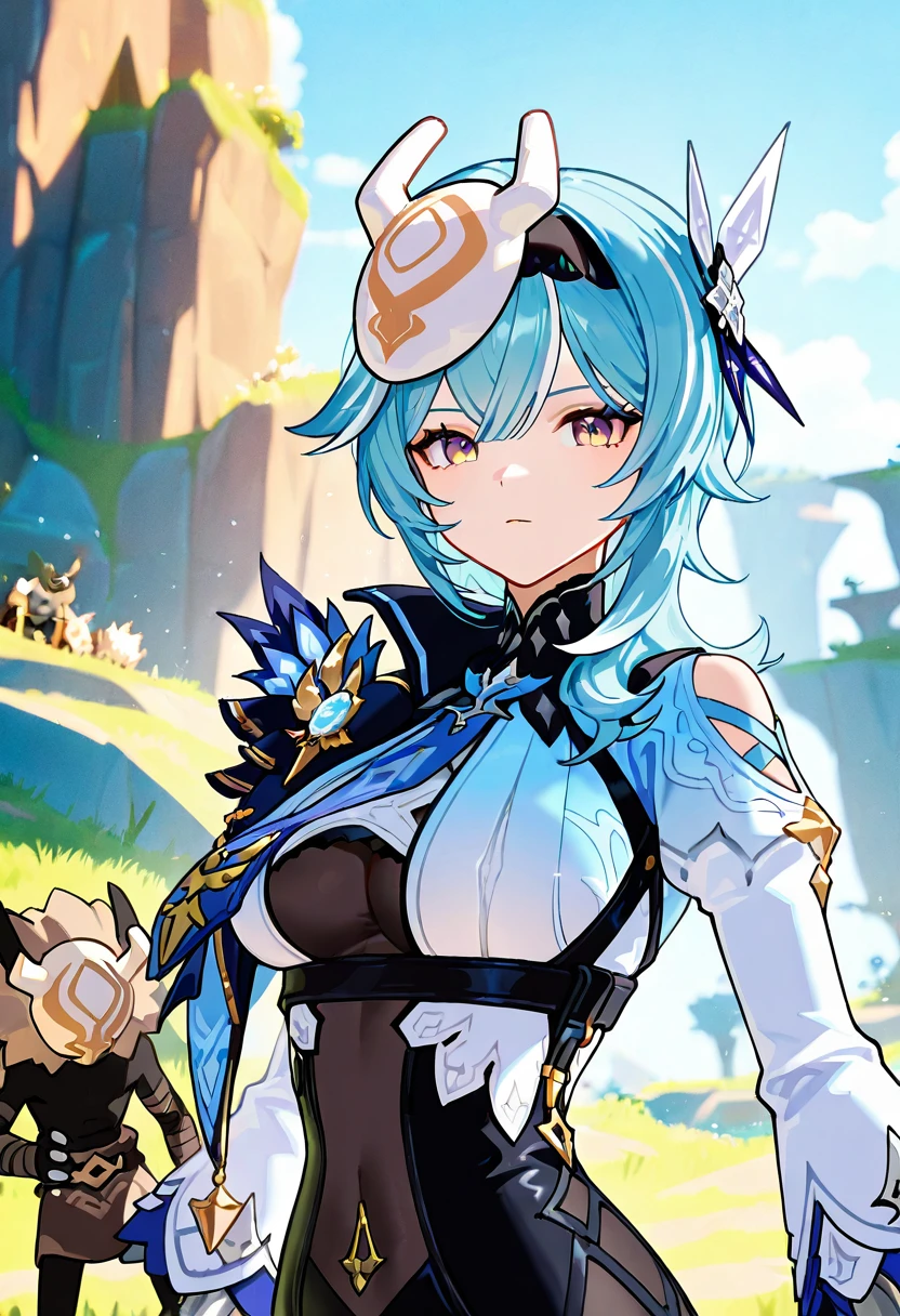 1girl, upper body, eula \(genshin impact\), mask on head, clothed, hilichurl mask, <lora:hilichurl_mask_v1:1>, masterpiece, best quality, newest, absurdres, highres, scenery,