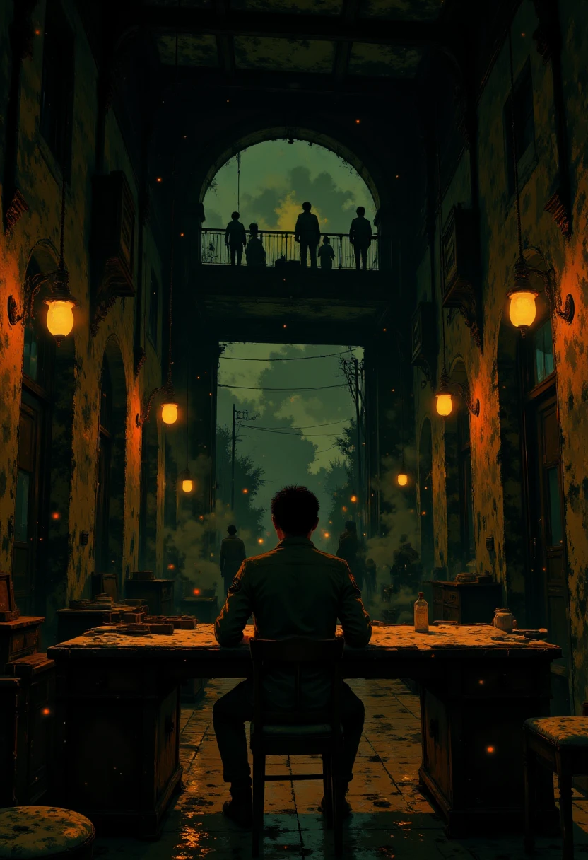 abandoned room with a vintage, dark hair and a medium build sits at a wooden desk, with several industrial-style hanging lamps casting an eerie glow. The walls are adorned with old, dimly lit room with an eerie, with their intricate architectural details, clad in dark green uniforms and helmets, suggesting recent rain, balconies, eerie, gothic style. The scene is set in a dimly lit