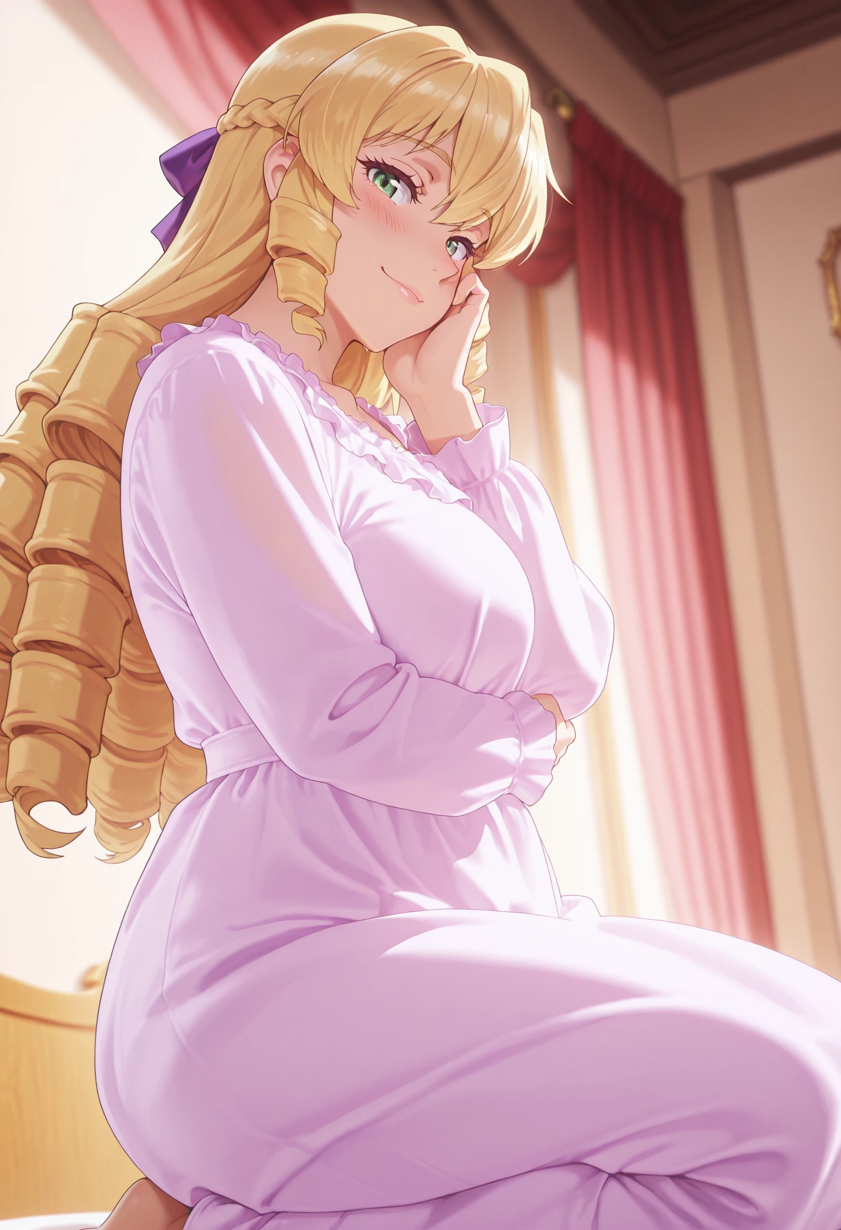 woman, solo, anime style,medium breasts, smile, detailed face, raytracing, bedroom, half open eyes, sitting, on bed, graceauvergne, green eyes, blonde hair, long hair, drill hair, french braid, pink nightgown, frills, hair bow, purple bow, blush, from side, from below, looking at viewer, seiza, hand on cheek, lips, smile,, masterpiece,best quality,absurdres, amazing quality,detailed eyes,