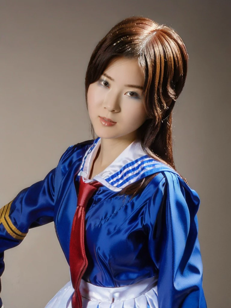 masterpiece, highest quality, Photoreal, Super detailed, finely, High resolution, 8k wallpaper, Professional, Advanced level of detail, ((Beauty OL alone:1.2)), slender Japanese woman,, detailed clavicle, Medium chest、perfect face, (Front facing:1.2)、medium long hair, chestnut hair、(blue mini tight skirt:1.5)、(Blue jacket:1.5)、cute face、(looking straight ahead:1.5)、(brown skin:1.5)、full body shot