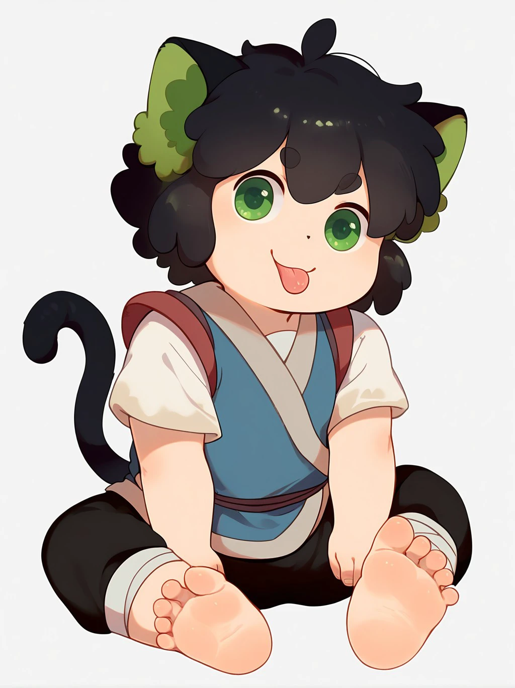 score_9, score_8_up, score_7_up, source_furry, luoxiaohei, child,
solo, cat ears, cat boy, male focus, cat tail, black hair, barefoot, short sleeves, full body, smile, looking at viewer, black pants, simple background, green eyes, licking, black tail, sitting, black shorts, short hair, white background, feet, toes, :p,
<lora:reg_luo_xiaohei_(human)-000021:1>