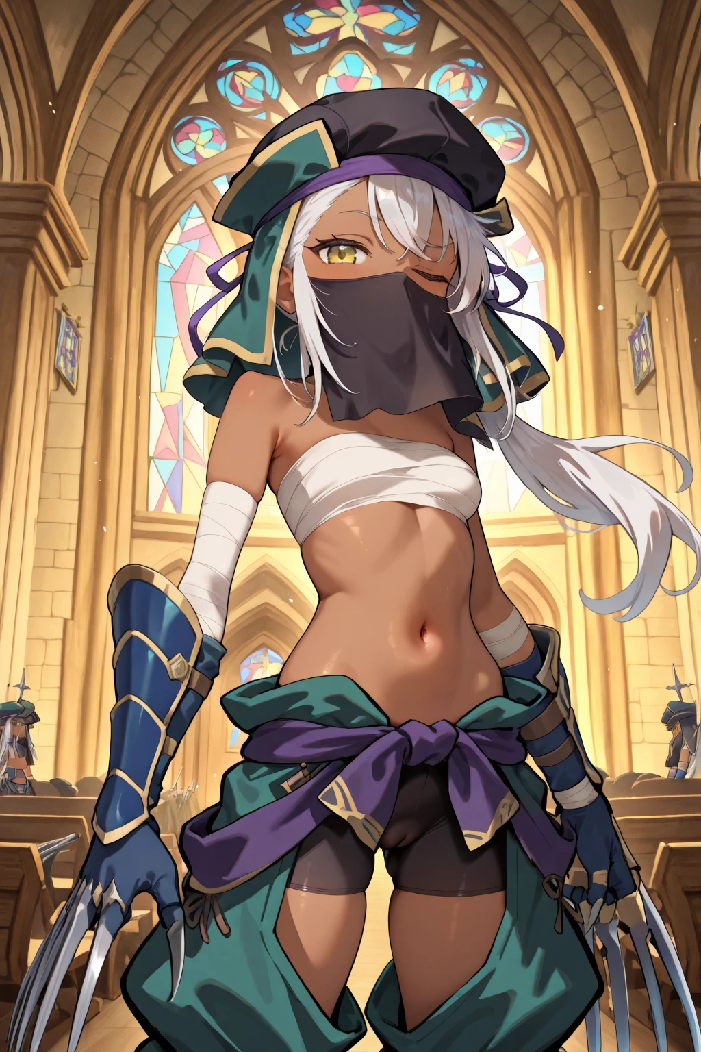 masterpiece, very aesthetic, absurdres, best quality, amazing quality, high resolution, newest, very awa, <lora:illustrious_quality_modifiers_masterpieces_v1:0.8> , <lora:ChamIllustriousBackgroundEnhancer:0.5>, ((solo)), <lora:AmareusIL:0.8> , amadef, 1girl, dark skin, yellow eyes, long hair, white hair, side ponytail, hat, ribbon, mouth veil, covered mouth, sarashi, bandaged chest, midriff, sash, bandaged arm, blue vambraces, claw (weapon), bike shorts, detached pants, smug, one eye closed, church, interior, cowboy shot, looking at viewer,