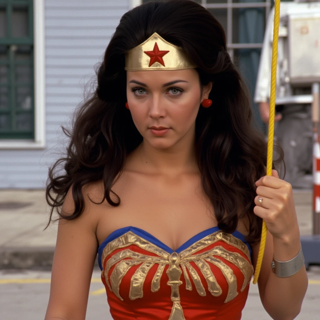 UHD, 4k, ultra detailed, cinematic, a photograph of <lora:1970 Wonder Woman style v1:0.9>
1970's Wonder Woman a young woman in a wonder costume holding a yellow golden lasso rope, perfect image, perfect body, perfect anatomy, Kodak film, high quality photography, 1970's style, wonder woman style, solo, long hair, breasts, black hair, cleavage, bare shoulders, brown eyes, star (symbol), leotard, lips, rope, superhero, medium breasts, star print, epic, beautiful lighting, inpsiring