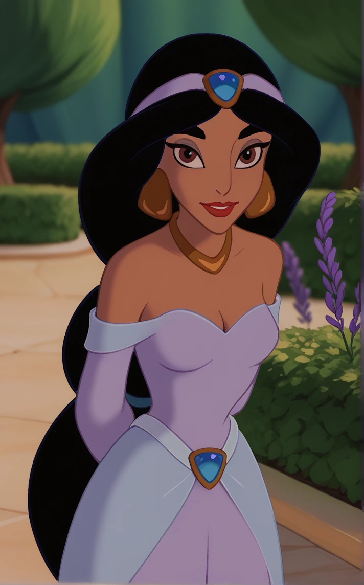 score_9, score_8_up, score_7_up, absurdres, leaning forward, arms behind back, cowboy shot, garden, wisteria, outdoors, depth of field, solo, looking at viewer,   <lora:PONYXL_PRINCESS_Jasmine_ownwaifu:1>, BREAK PrincessDress_Jasmine_ownwaifu, 1girl, black hair, makeup, long hair, thick eyebrows, brown eyes, eyelashes, dark-skinned female, eyeshadow, low-tied long hair, bare shoulders, jewelry, off shoulder, off-shoulder dress, earrings, purple dress, dark skin, tiara, gem, cleavage, lipstick, medium breasts, neck ring, necklace, long sleeves, forehead jewel, circlet, long dress, multi-tied hair, diadem, lips, breasts, gold necklace, princess, arabian clothes, purple hairband, big hair, hair tie, hairband, belt, blue gemstone, hoop earrings, puffy long sleeves, puffy sleeves, red lips, triangle earrings,<lora:add-detail-xl:0.15>,