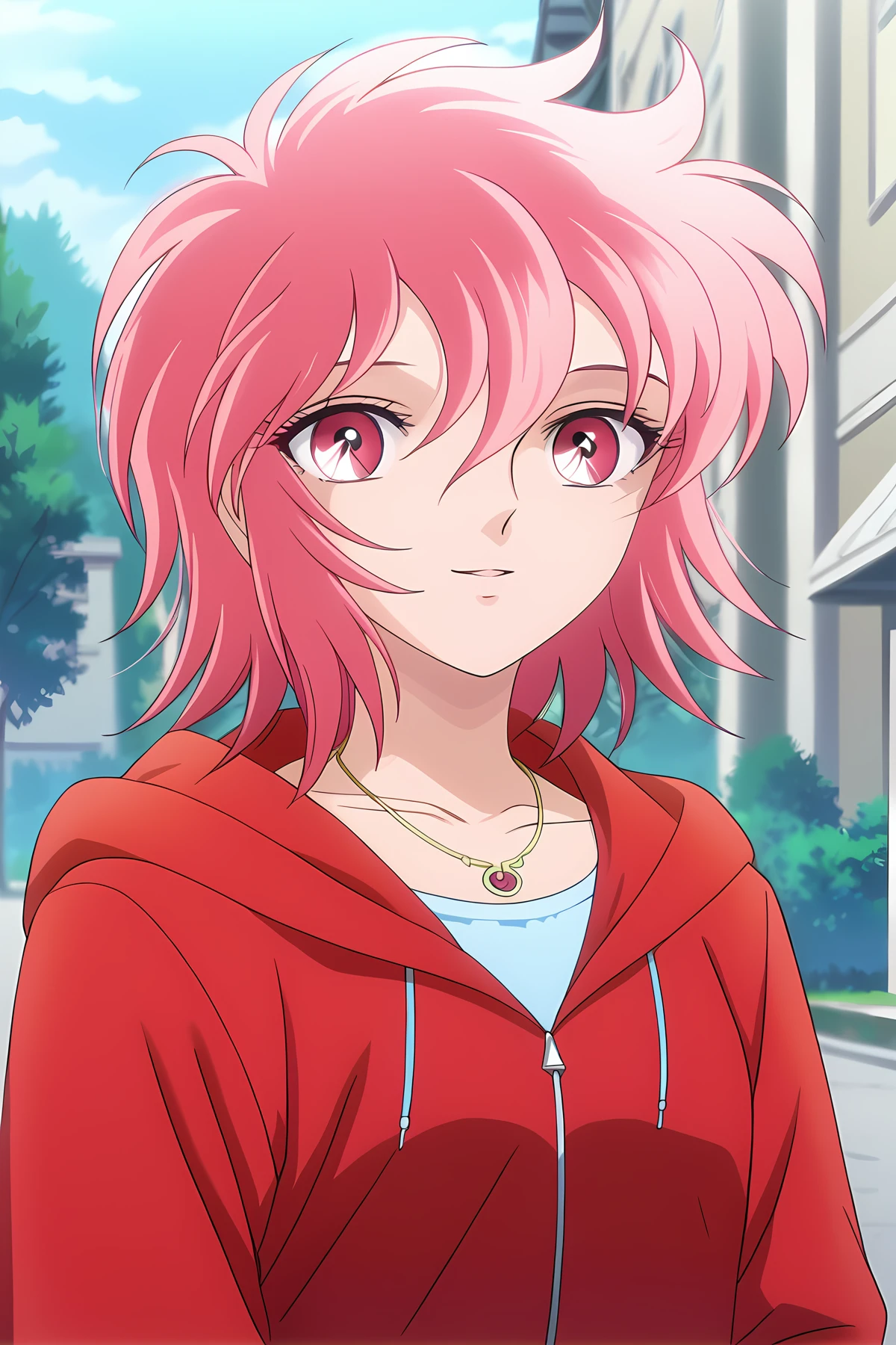 score_9, score_8_up, score_8, score_7_up, source_anime, outside, looking at viewer, light smile, anime screencap,
<lora:Saintia_Sho_PONY:1> Shouko, 1girl, solo, short hair, medium hair, bangs, hair between eyes, pink hair, pink eyes,, Detached Outfit, jewelry, hood, necklace, hoodie, jacket, red jacket