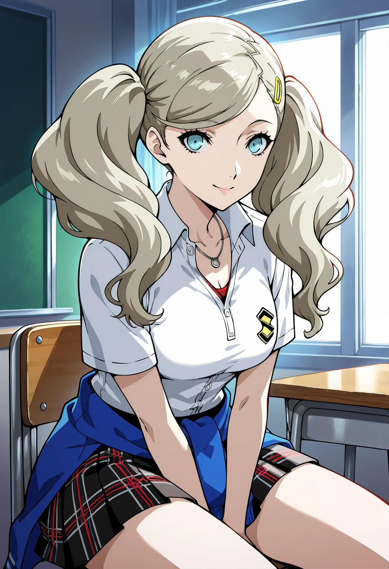 masterwork, masterpiece, best quality, hyper-detailed :1.3),
1 girl, solo, cute face,
p5ann, takamaki anne, blonde hair, long hair, twintails, swept bangs, hair clip,
p5ann-sumuni, necklace, polo shirt, white polo shirt, short sleeves, sweater around waist, blue sweater, pleated skirt, plaid skirt, shujin academy school uniform
classroom, sitting, chair, smile, looking at viewer, shigenori soejima style