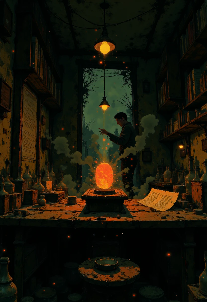 A dimly lit, cluttered workshop filled with ancient alchemical equipment, glowing flasks, and scattered books. A mystical orange light emanates from a cracked crystal resting on the workbench, casting flickering shadows on the walls. Two figures stand in the background, one pointing toward the glowing crystal while the other examines an ancient scroll. The atmosphere is rich with detail, evoking the feeling of a forgotten world filled with mystery and discovery.