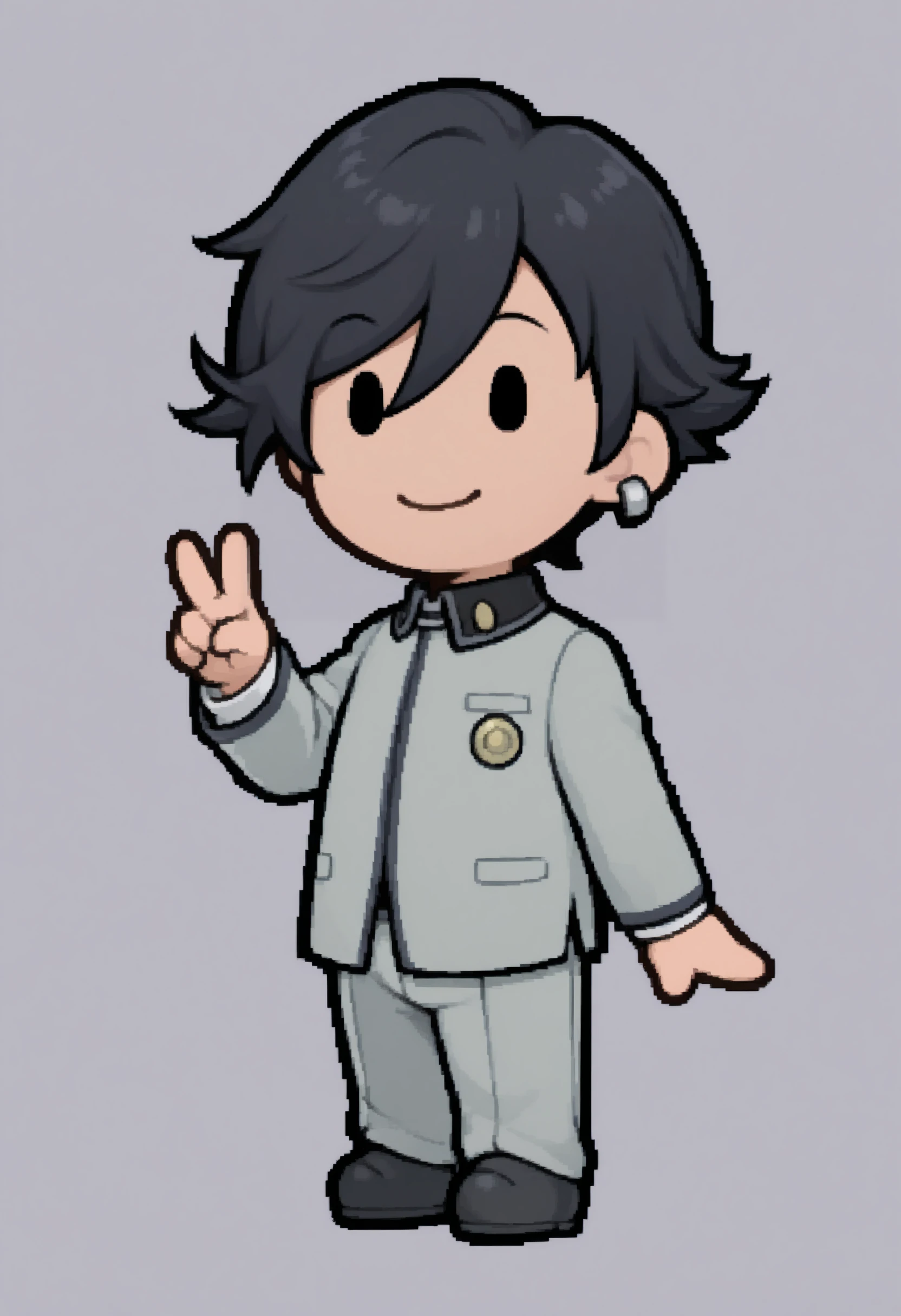 masterpiece, best quality, solo, 1boy, smile, looking at viewer, <lora:PM-TTYD-Sprites-illus_Fp:1>, chibi, simple background, full body, solid oval eyes, <lora:Naoya-illus_Fp:1>, naoyap1, black hair, black eyes, school uniform, hair between eyes, short hair, single earring, black hair, v, grey pants,
