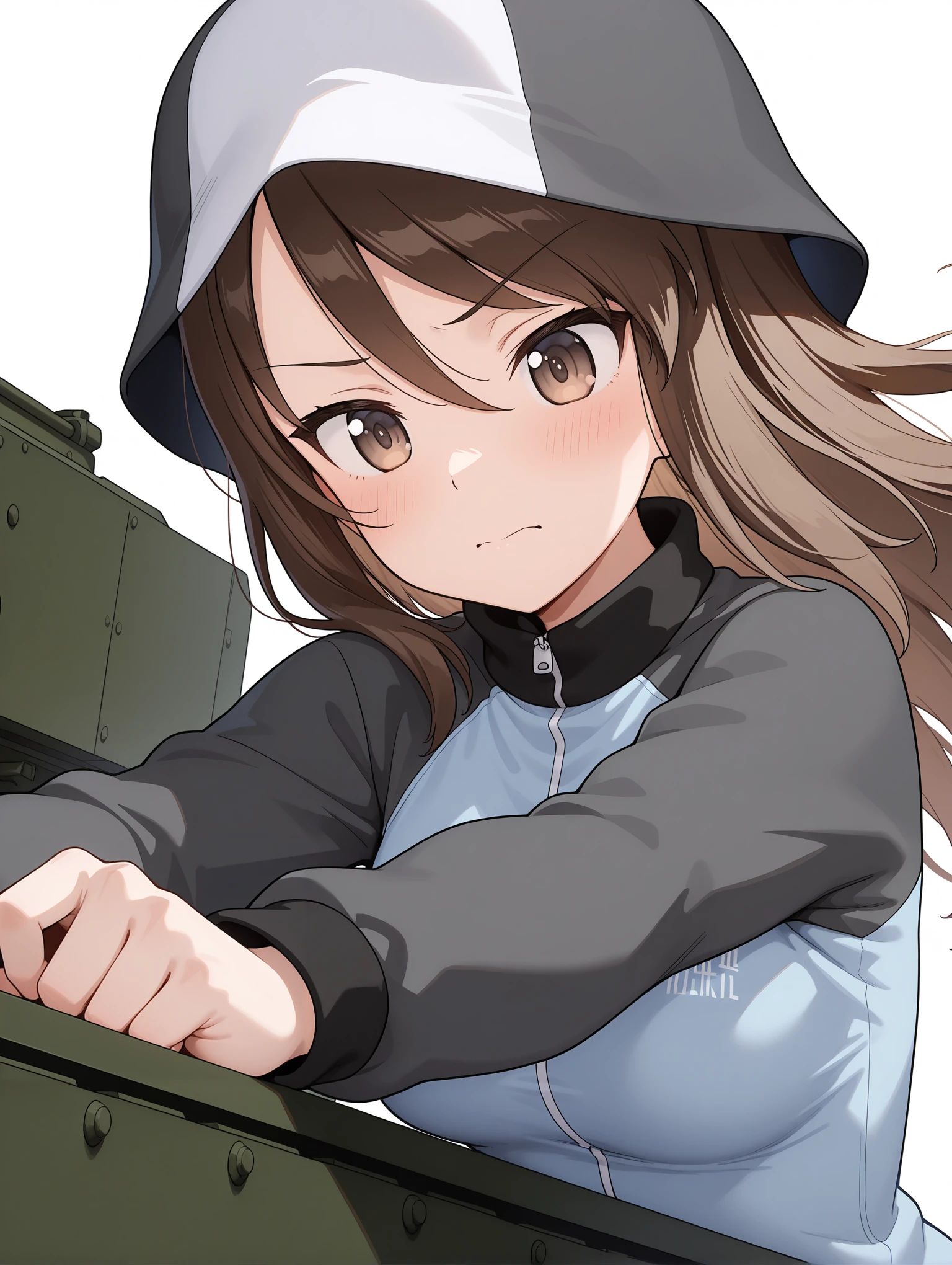 masterpiece,best quality,amazing quality,
1girl,solo,
<lora:mika_ilxl_v1>,mika,m_hat,m_pg,keizoku military uniform,raglan sleeves,zipper,long_sleeves,
<lora:Fixhands_anime_bdsqlsz_V1:1>,tank,face_focus,reaching,boarding a tank,serious,front view,dutch angle,upper_body,light_blush,looking_at_viewer,white_background,simple_background,panorama,tank_focus,giggling,tank,military_vehicle,, masterpiece,best quality, very aesthetic, absurdres, ultra detailed, high resolution, 4k, extremely detailed CG,
