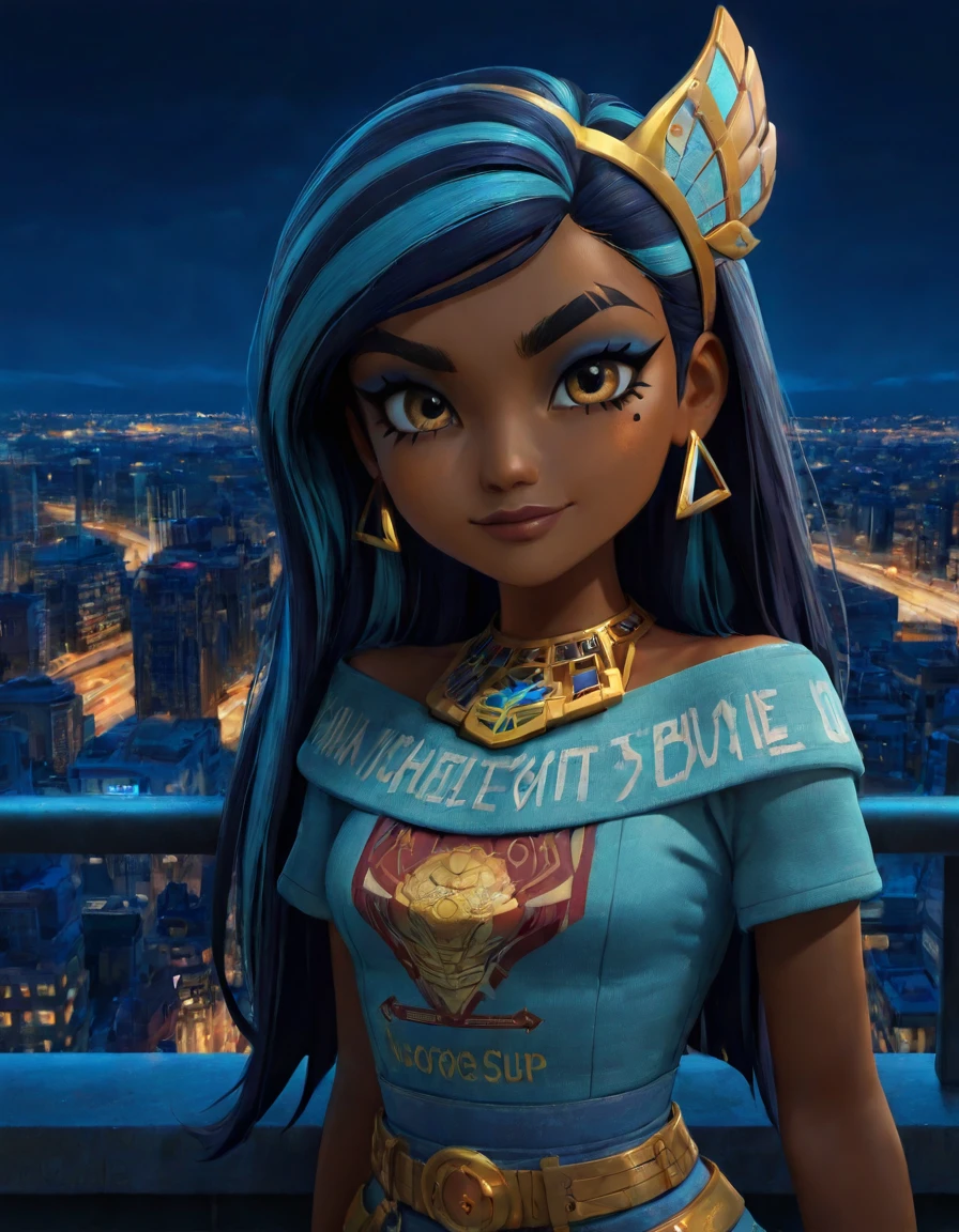 score_8_up, solo, 1girl, Cleo_DeNile_G3, slightly dark skin, faded teal and blue hair, black hair, three-tone hair, long hair,unique eyebrows, dark blue eyeshadow, maroon lips, dark, night, nighttime, city in background, Downtown City, metropolitan Freeway, looking at viewer, light smile