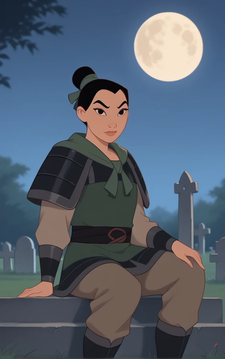 score_9, score_8_up, score_7_up, looking at viewer, BREAK
Armor Fa Mulan ownwaifu,
1girl, black hair, black eyes, single hair bun, short hair, dark skin, thick eyebrows, hair ribbon, makeup,
shoulder armor, topknot, armor, japanese armor, sheath, long sleeves, sheathed, green shirt, pants, pauldrons, ribbon, belt,
(sitting, full moon), graveyard, grave, tombstone, moonlight, <lora:PONYXL_Fa_Mulan_Movie_ownwaifu:0.8> , depth of field, solo,