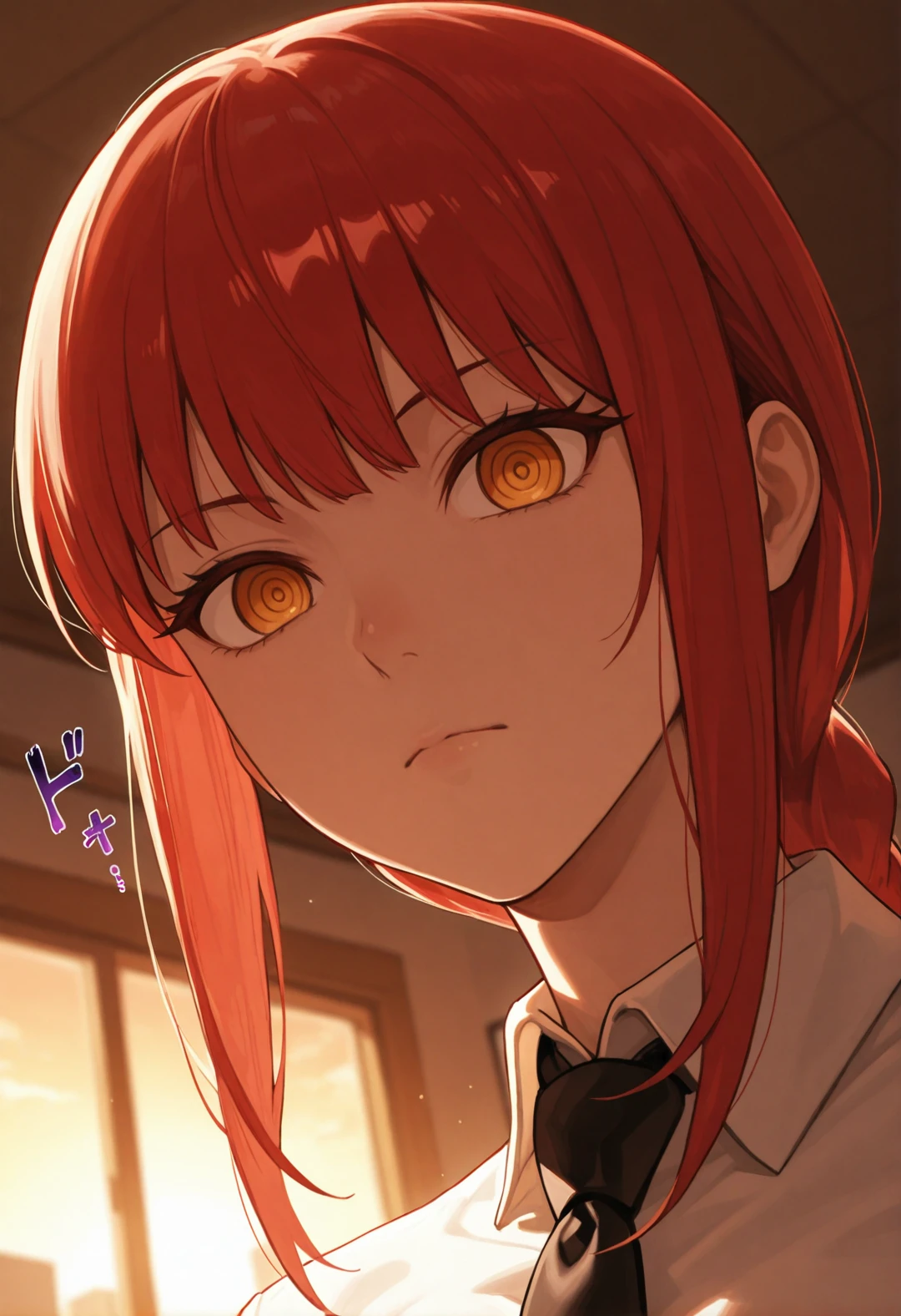 masterpiece, best quality, amazing quality, newest, absurdres, highres, solo,
makima, unique outfit, ringed eyes, looking at viewer, serious, menacing, portrait, low angle,
office, warm lighting, sunset,
<lora:Makima_IL:0.8>
